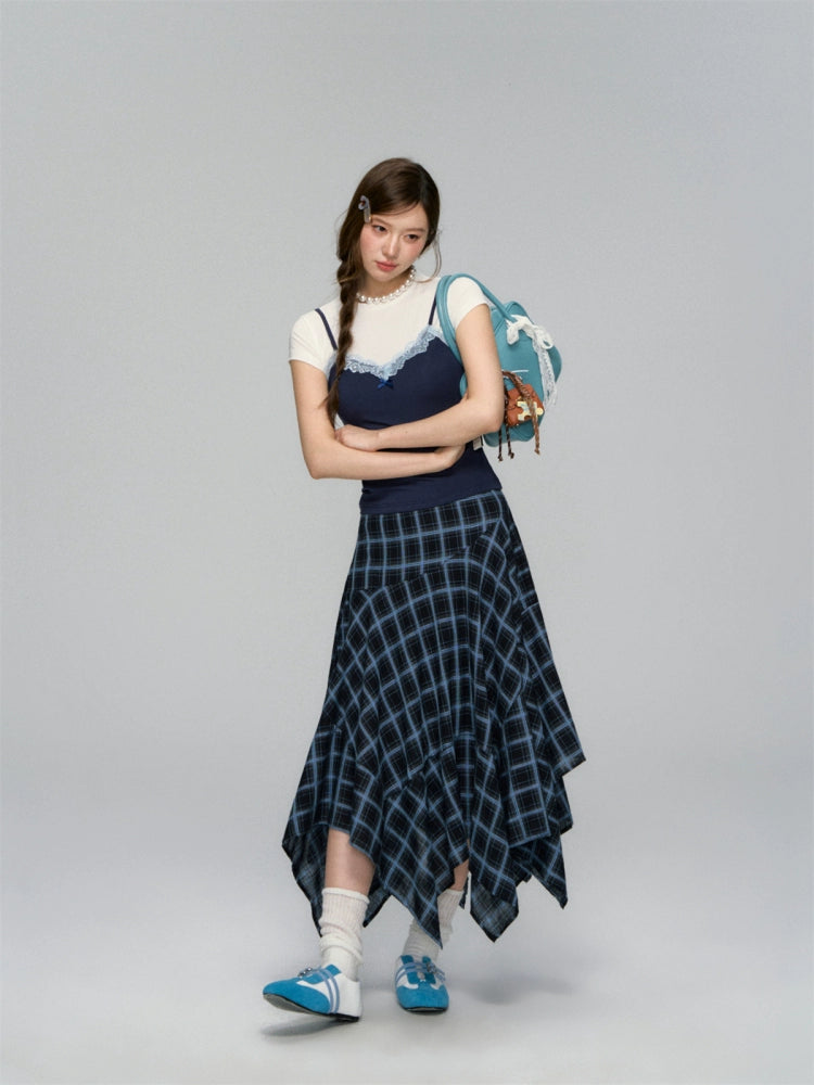 Irregular Navy Blue Checked Midi Skirt - CHINASQUAD