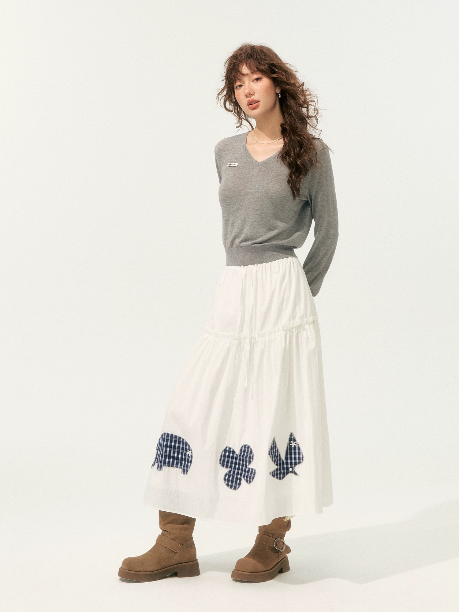 Pleated Patchwork Midi Skirt
