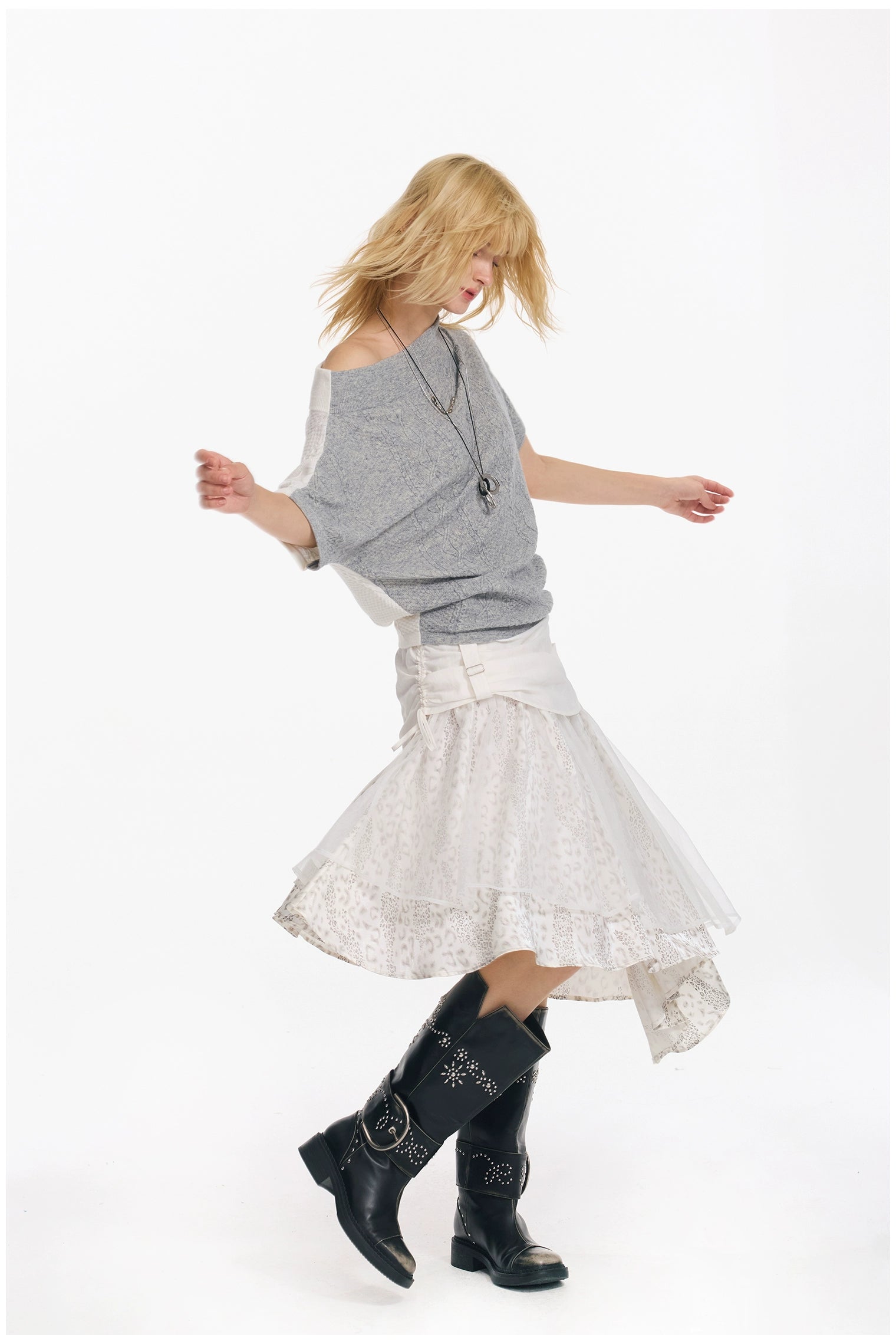Diagonal Bat-Sleeve Knit Crewneck