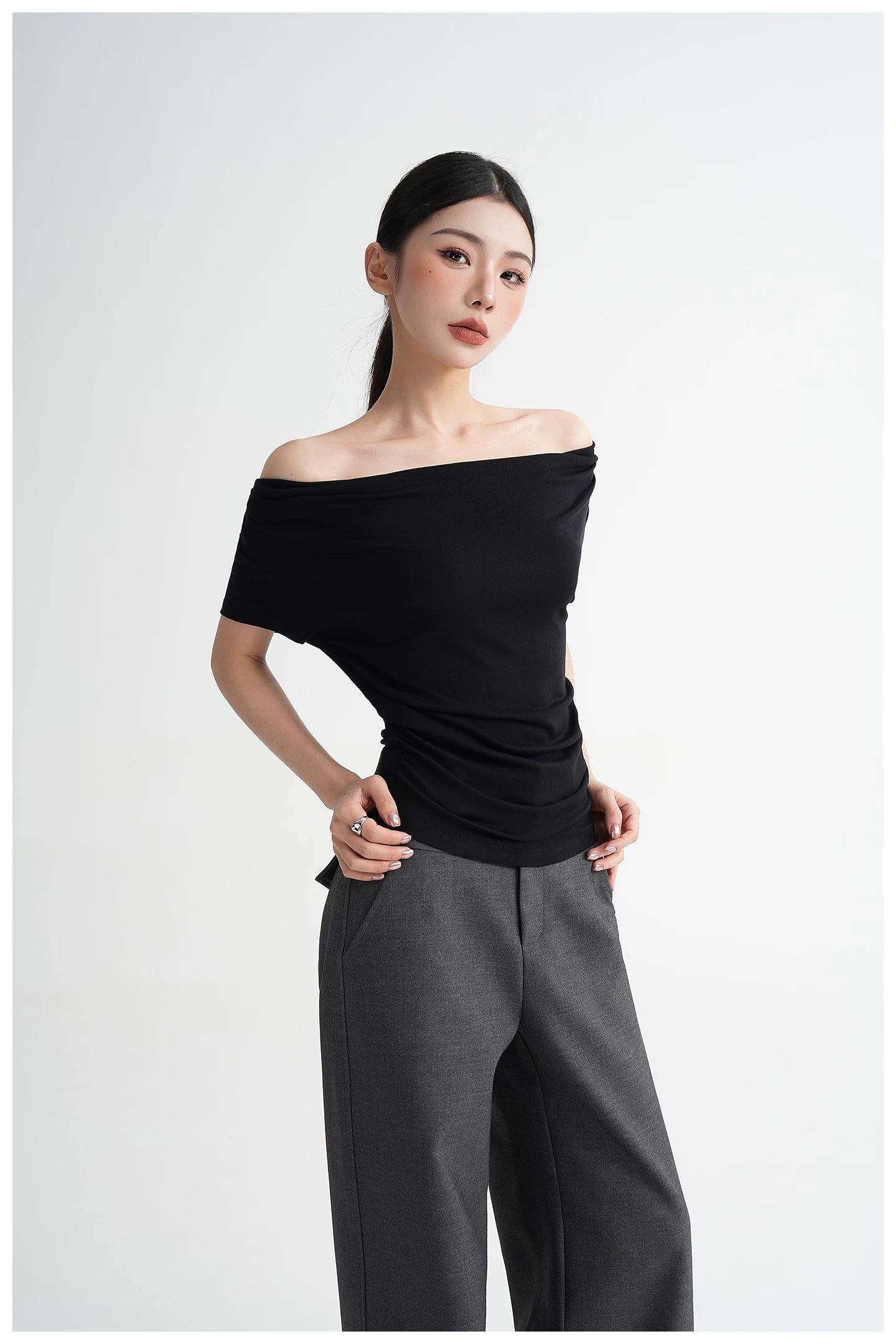 Draped Off-Shoulder Fitted Short Sleeve T-Shirt