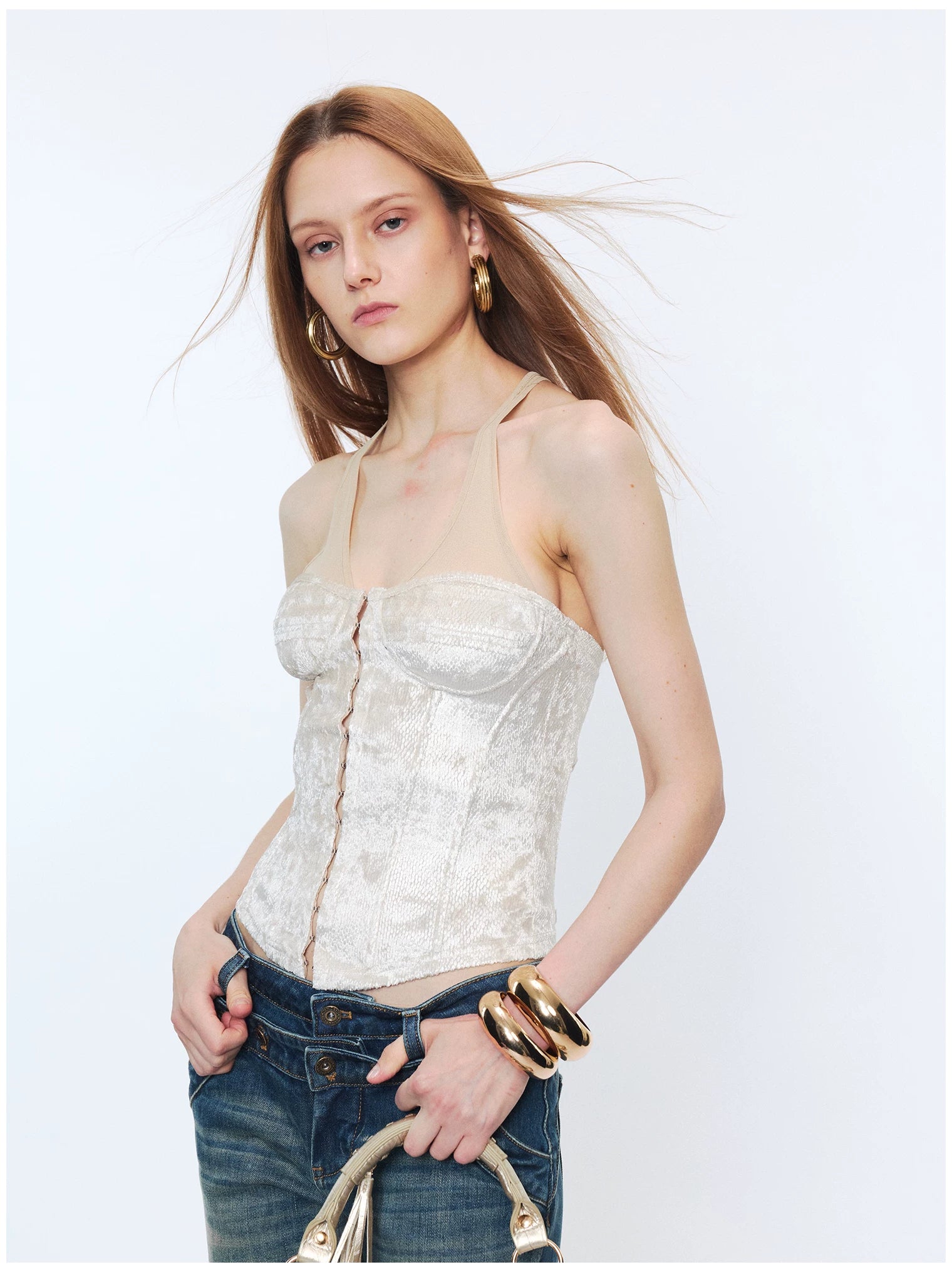 Plaid Mesh Panel Halter Corset