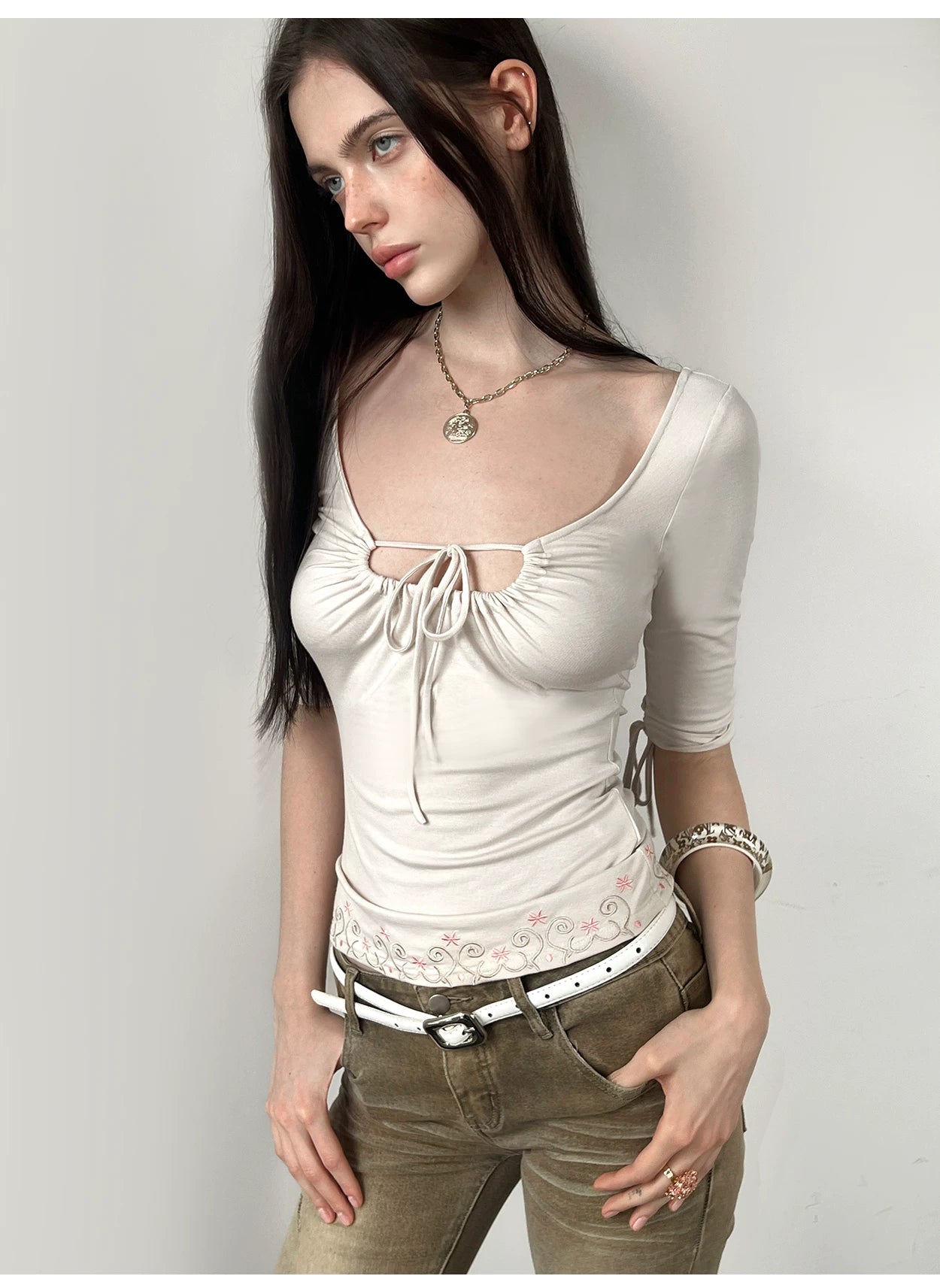 The NeverMore Vintage Embroidered Ruched Scoop-Neck Top NeverMore
