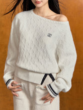 Off-Shoulder Asymmetrical Diamond Knit Sweater & Shawl Set - CHINASQUAD