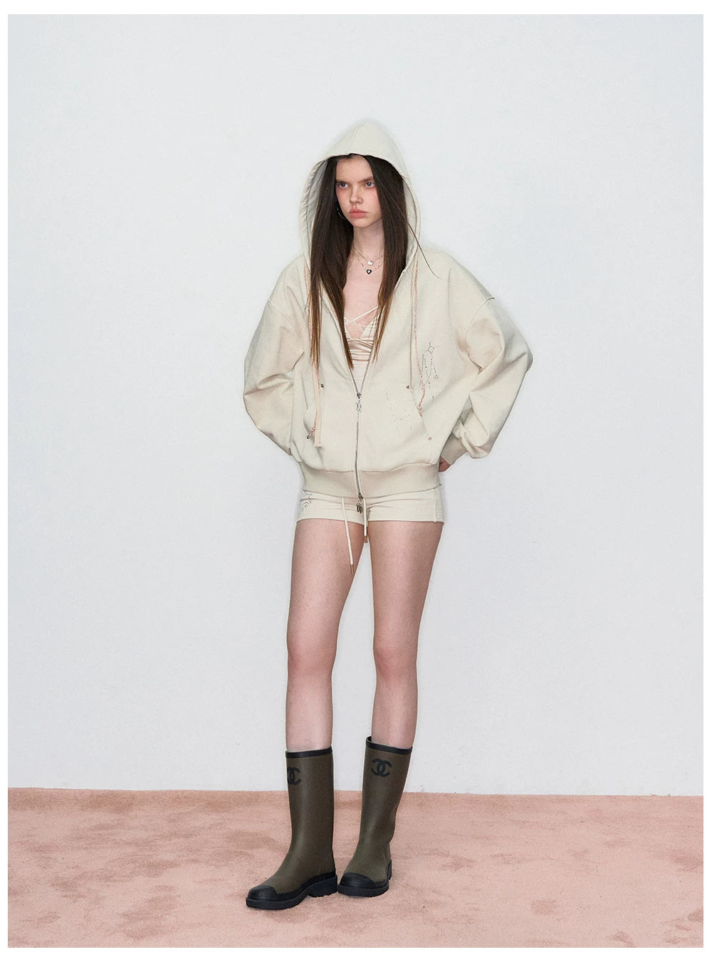 Rhinestone-Embellished Hooded Sweatshirt Jacket