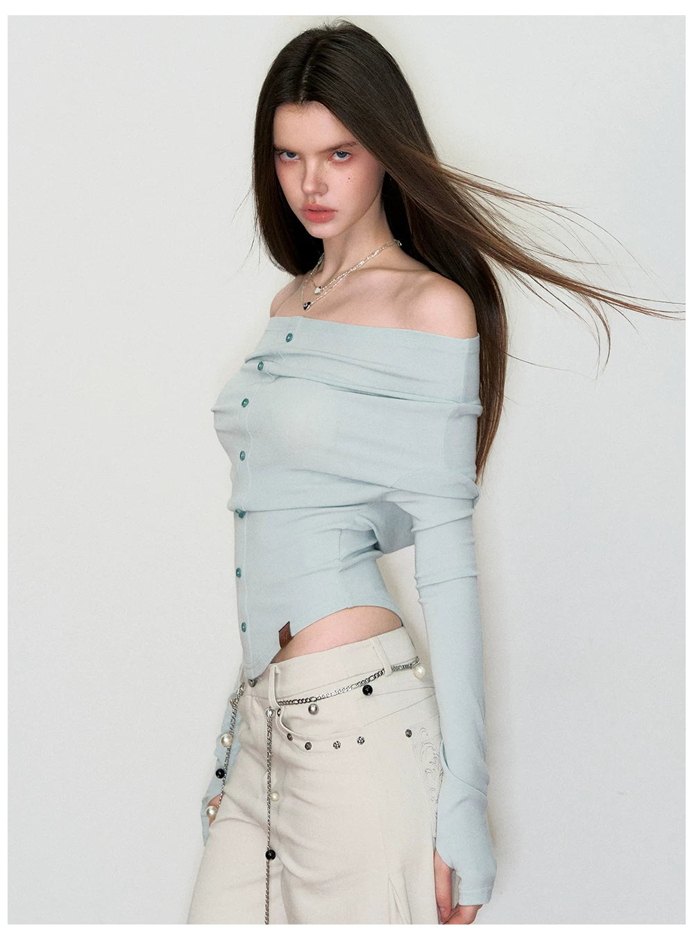 Off-Shoulder Long-Sleeve Knit T-Shirt