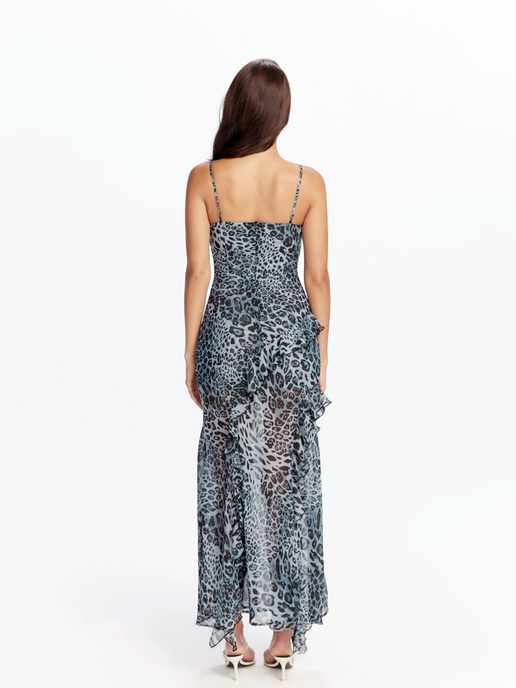 Blue Leopard Ruffle Maxi Dress