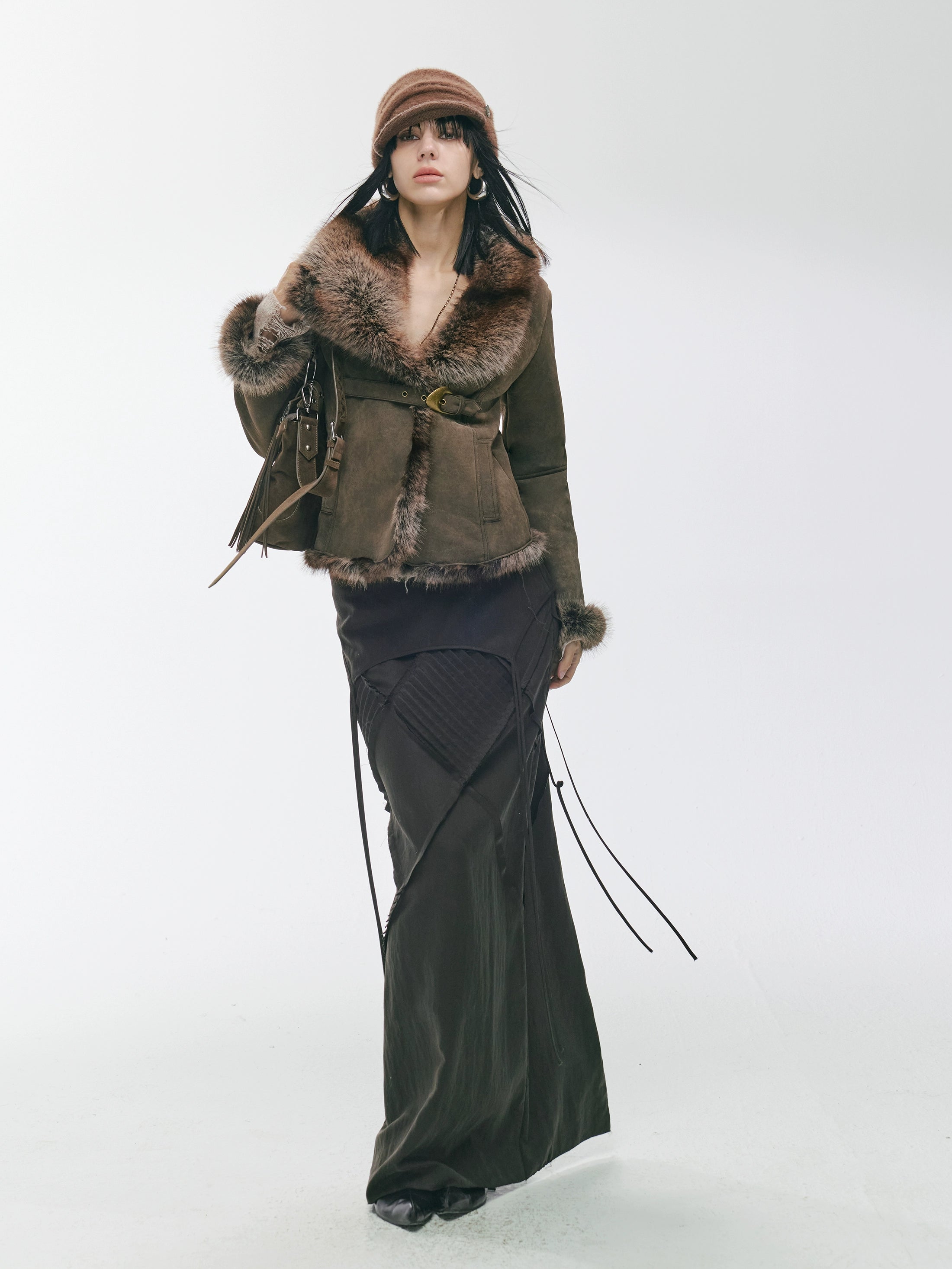 Vintage Asymmetric Shearling-Effect Suede Jacket