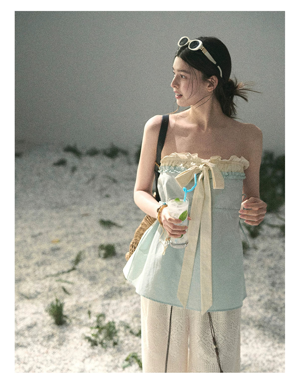“Soft Blue Whisper” Faux Two-Piece Bandeau Top