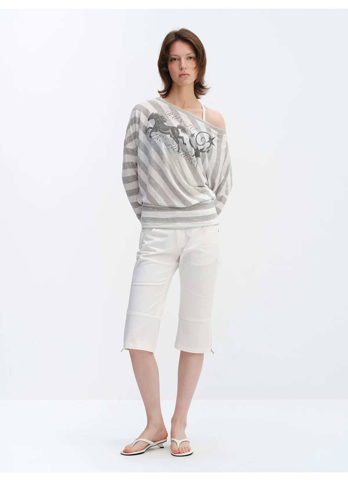 Grey Striped Off-Shoulder Graphic Long Sleeve Blouse