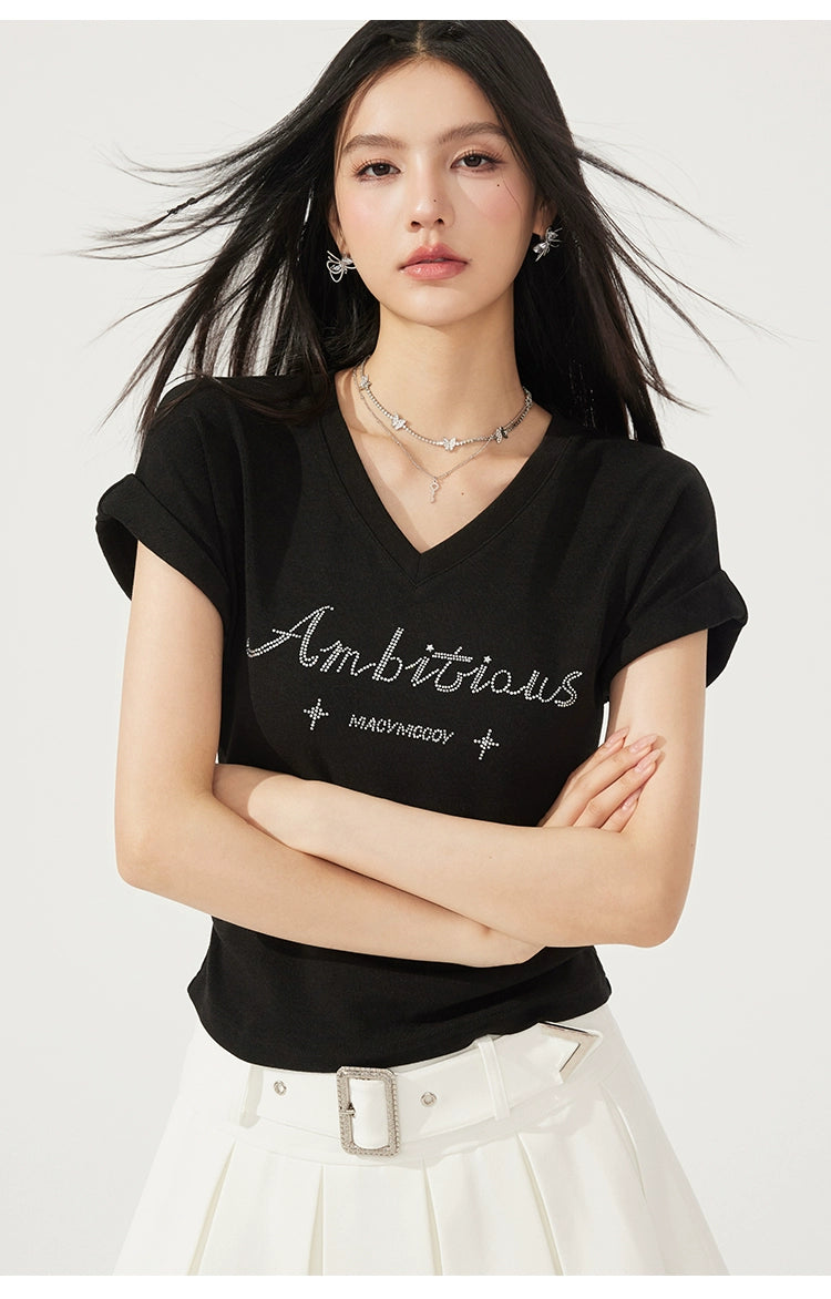V-neck Waist-cinching Rhinestone Tee