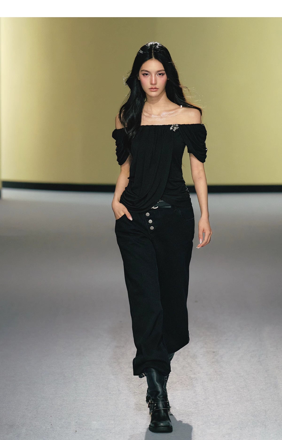 Off-Shoulder Draped Pleated Lyocell Top