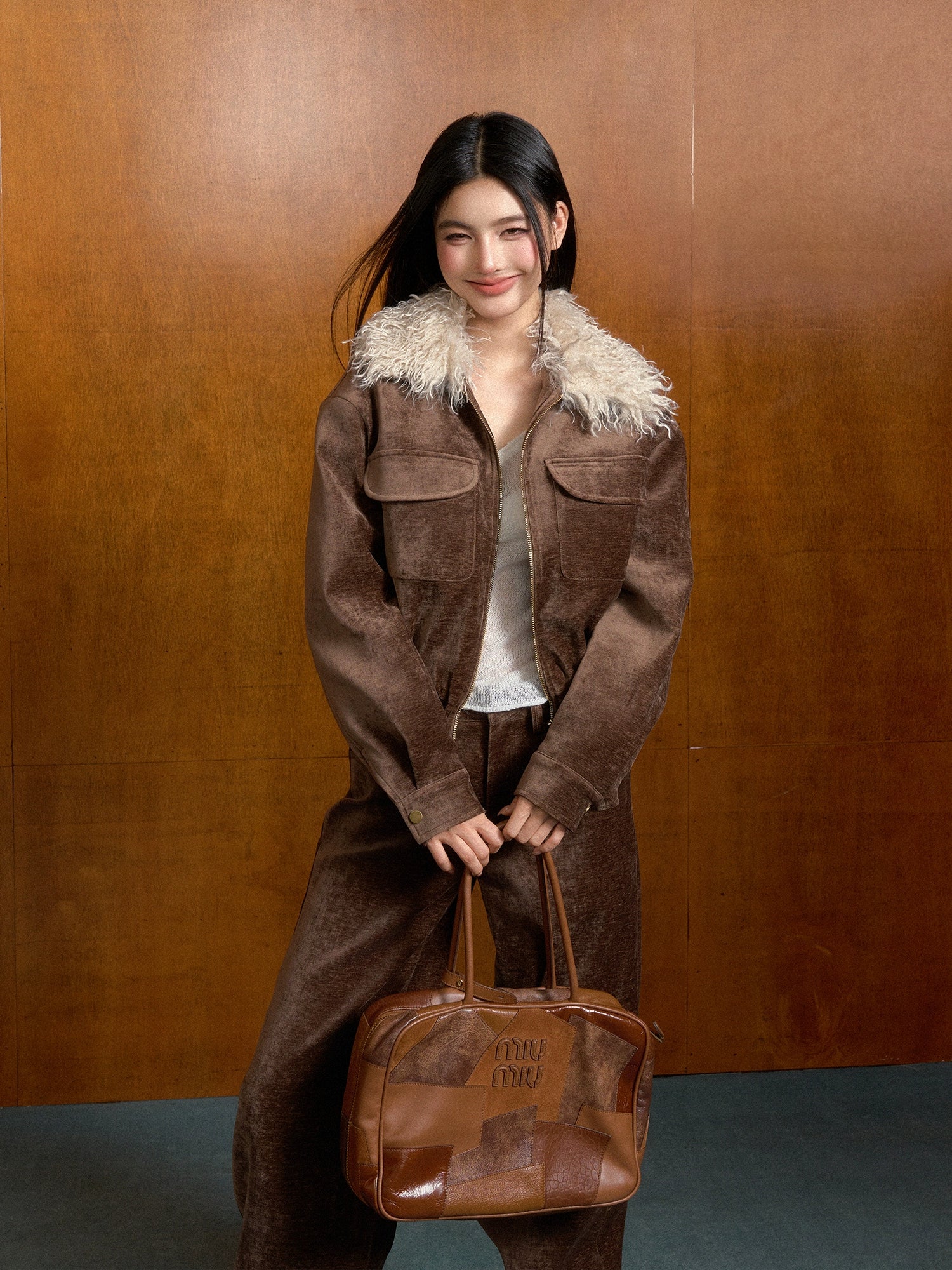 Vintage Brown Suede Jacket with Removable Fur Collar - CHINASQUAD