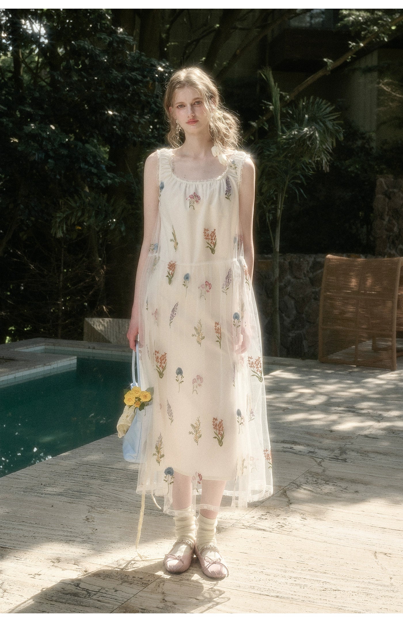 Gauze Flower Embroidered Double - Layer Sundress - CHINASQUAD