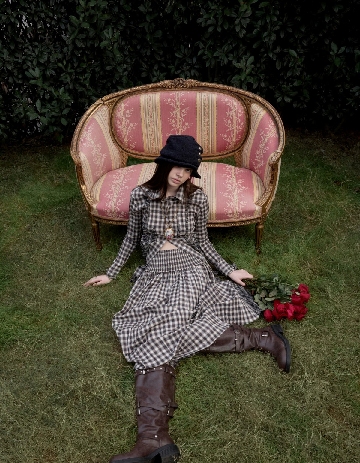 Contrast Plaid Ruffle Shirt & Long Skirt Set