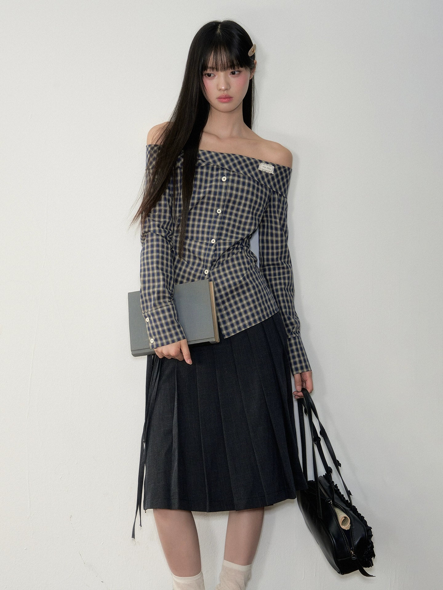 One-Shoulder Waist-Cinching Checked Shirt - CHINASQUAD