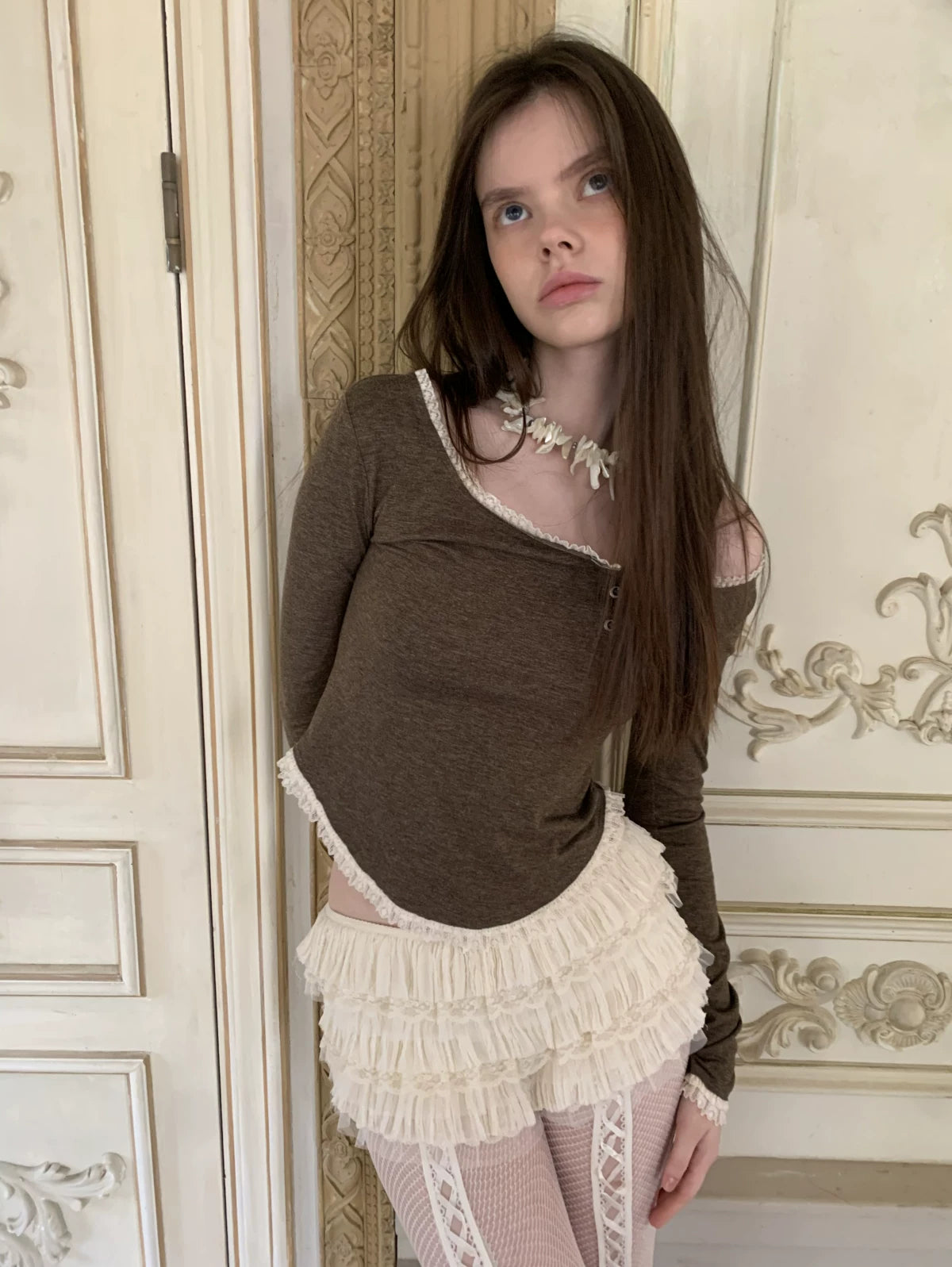 Asymmetric Henley Lace Trim Long Sleeve Top