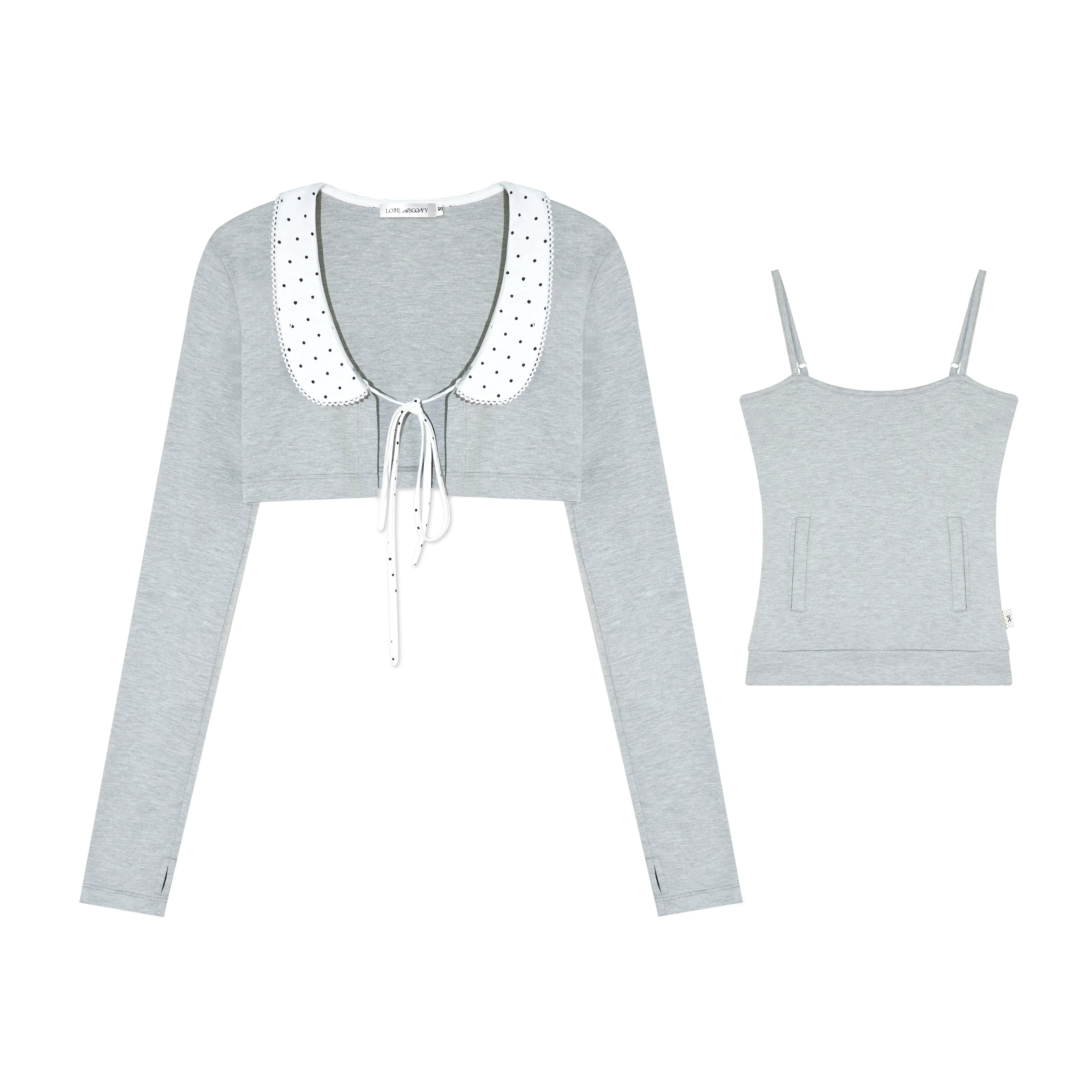 Polka Dot Lace Collar Long Sleeve Cardigan & Cami Two-Piece Set