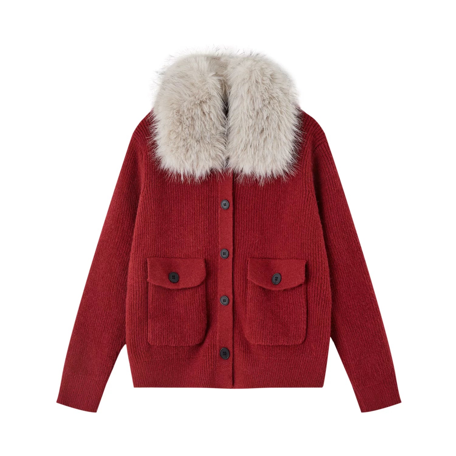 Detachable Fur Collar Ribbed Cardigan