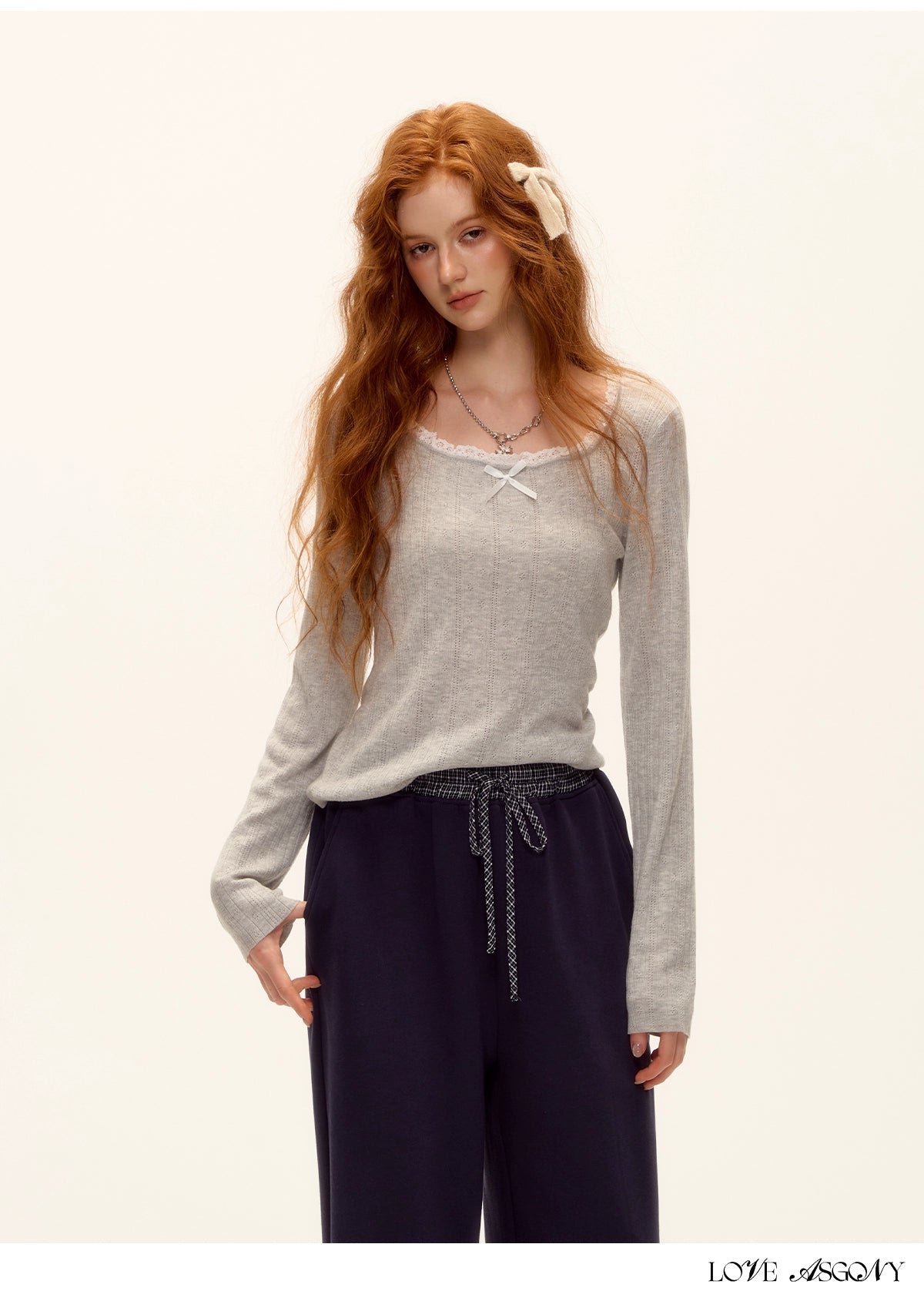 Bow Cutout Knit U-Neck T-Shirt