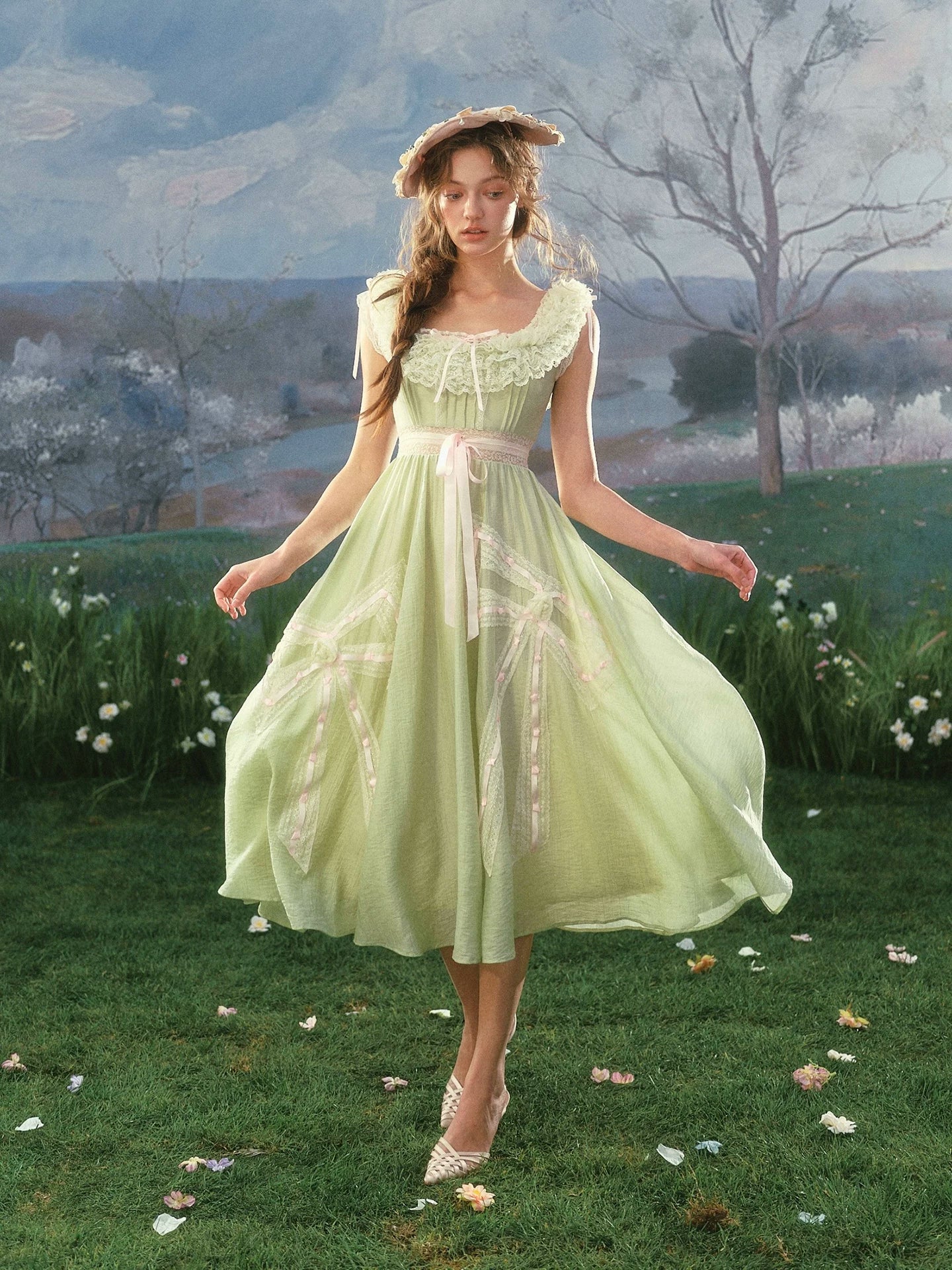 Green Kite Off-Shoulder Lace Fairy Dress