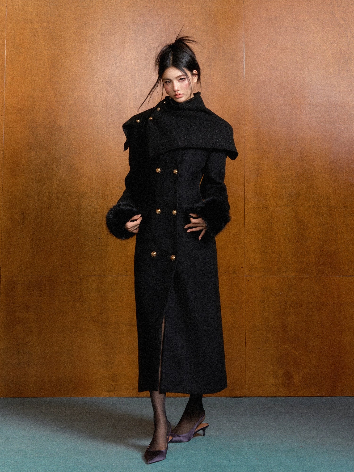 Detachable Fur Waist-Fitted Wool Coat & Scarf Set - CHINASQUAD