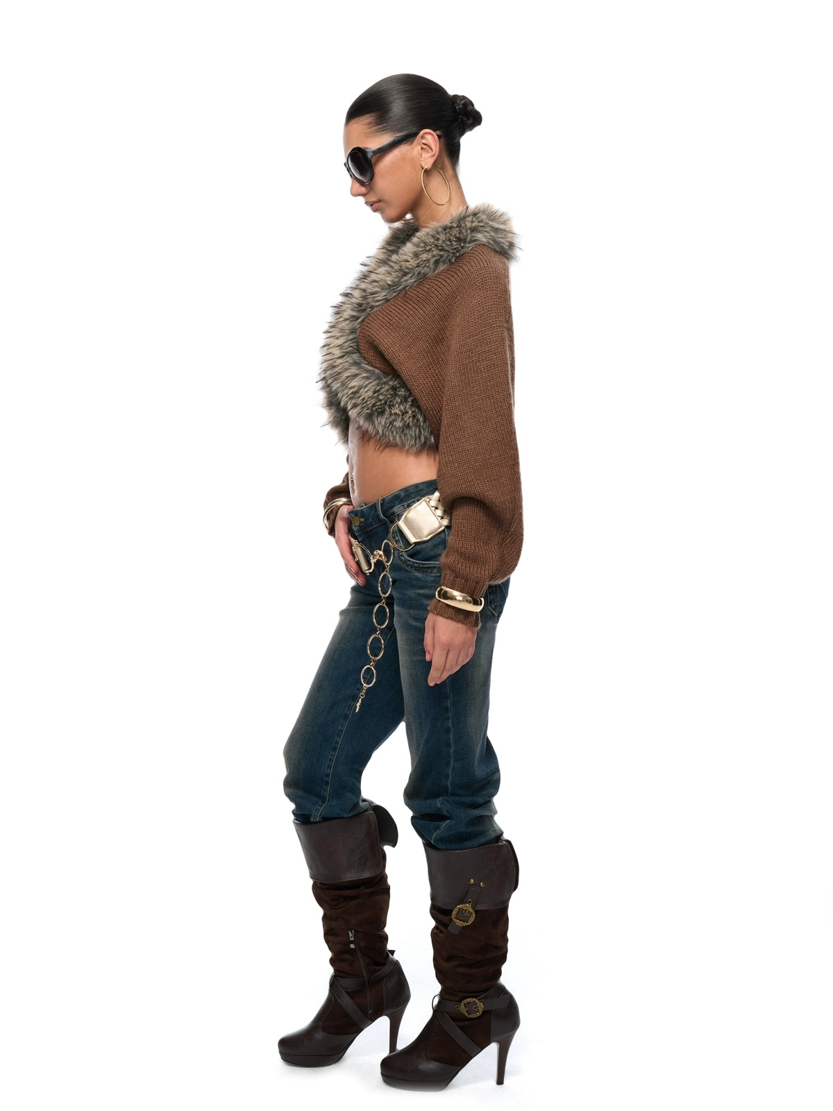 Faux-Fur Collar Cropped Knit Cardigan