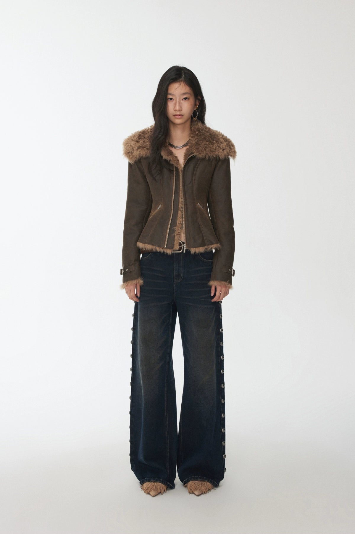 Faux Shearling-Lined Washed Leather Slim Jacket