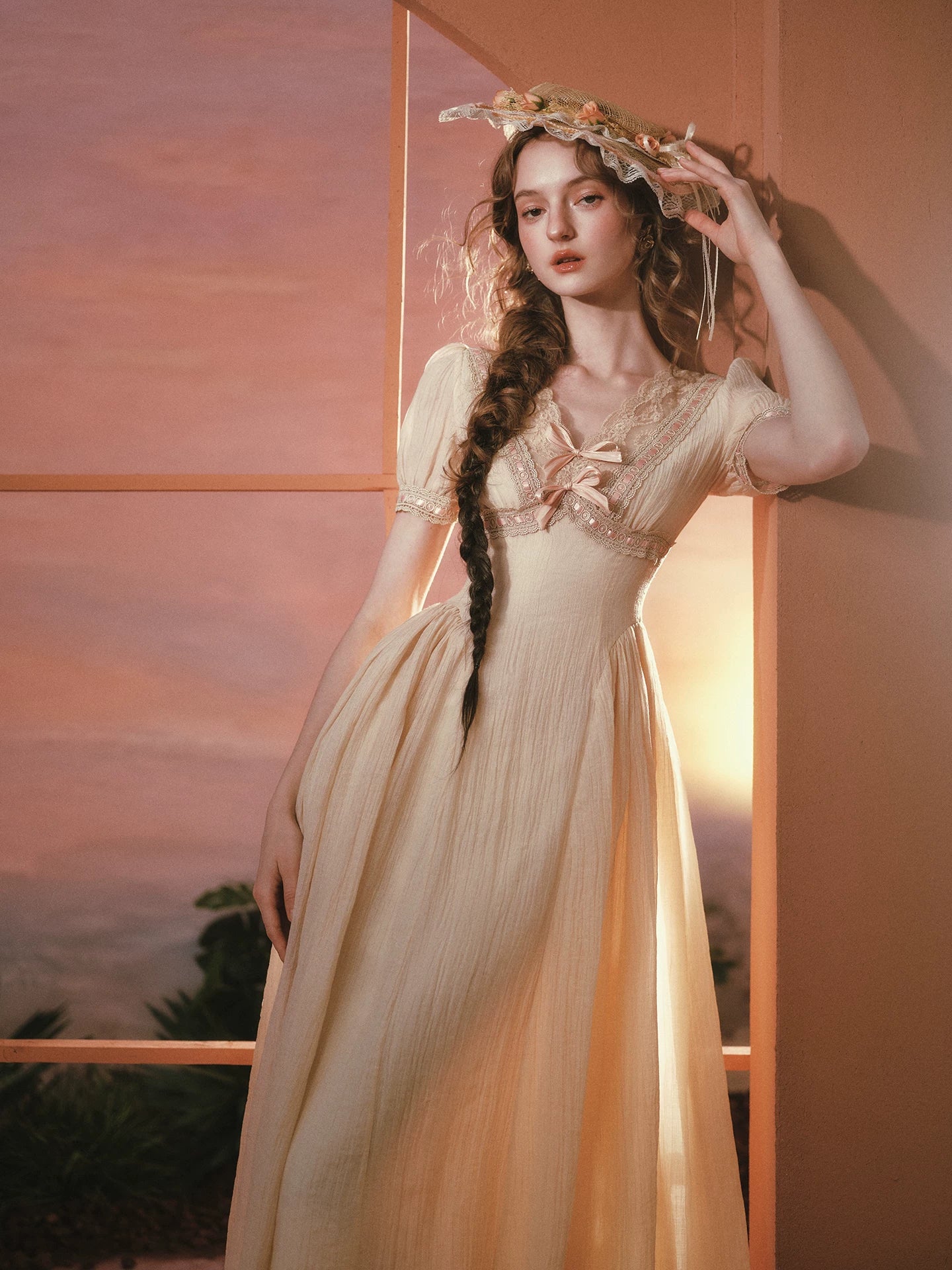Sunset Rose French Vintage V-Neck Waist-Cinching Dress