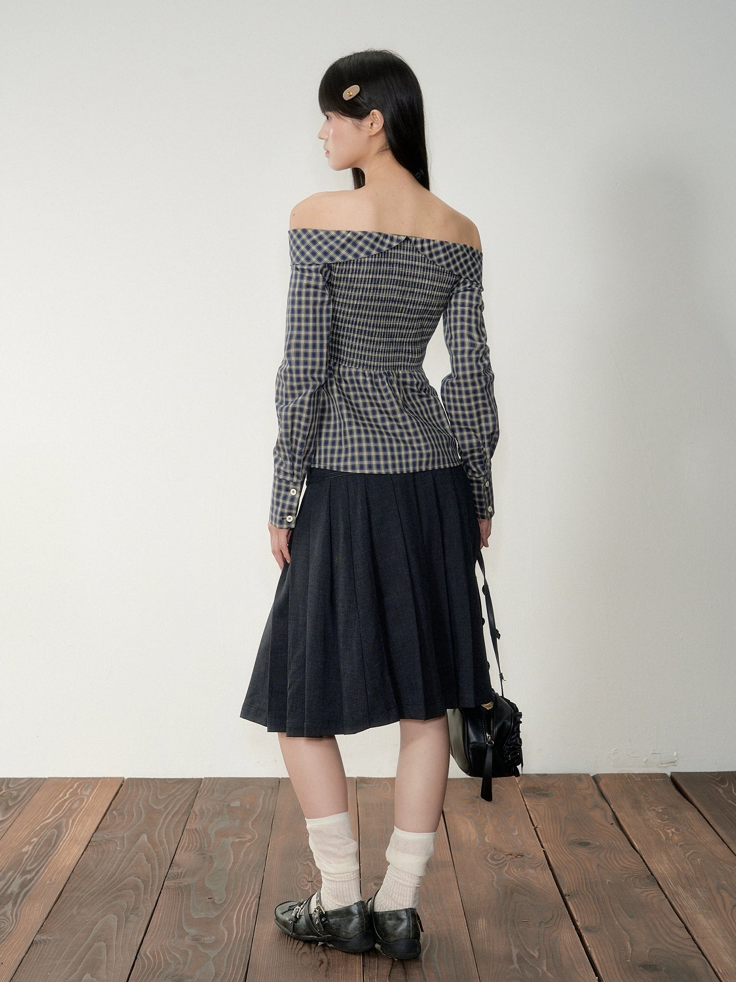 One-Shoulder Waist-Cinching Checked Shirt - CHINASQUAD
