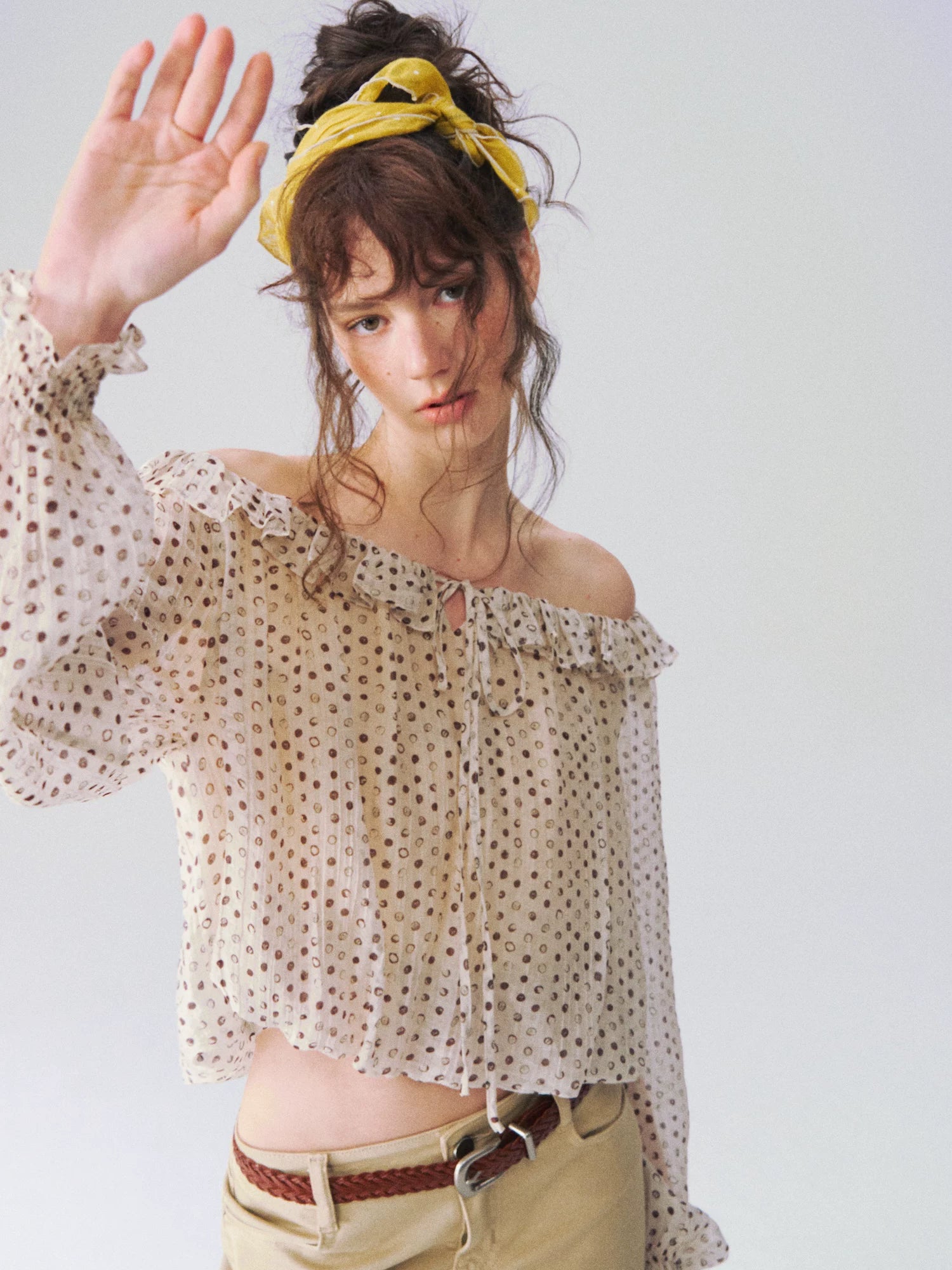 French Polka Dot Off-Shoulder Ruffle Blouse