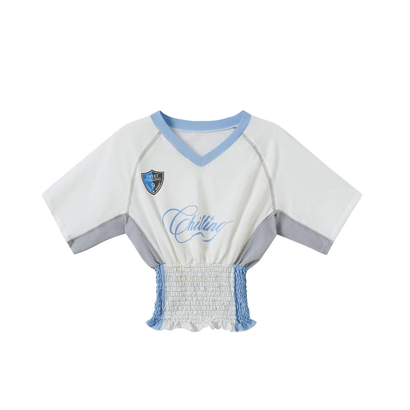 White & Blue V-neck Smocked Jersey Baby Tee