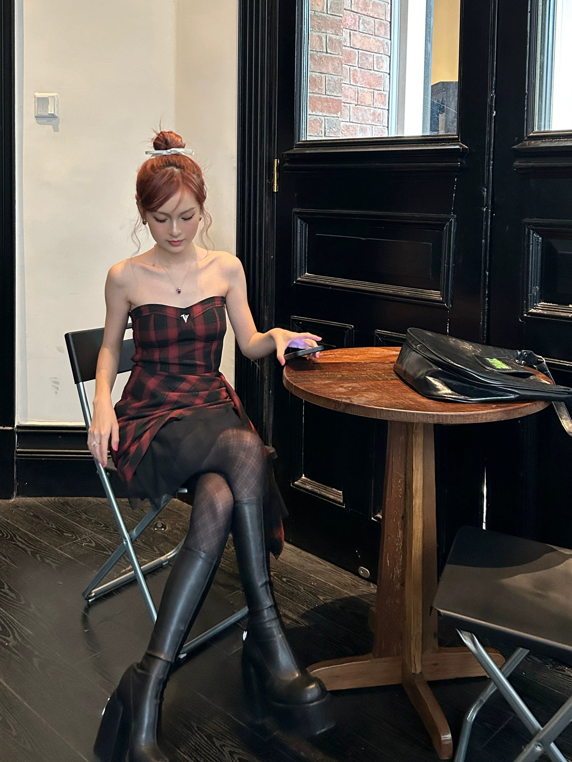 Red-Black Plaid Waist-Defining Dress