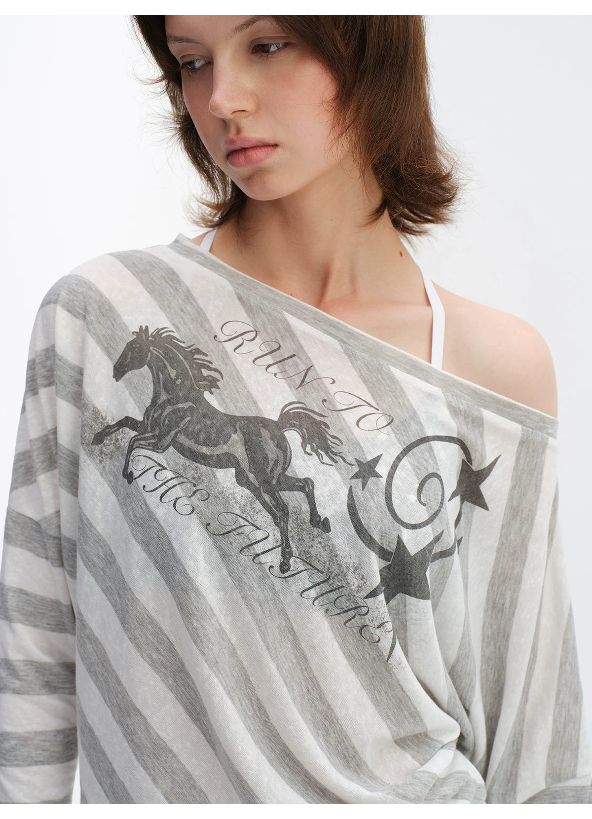Grey Striped Off-Shoulder Graphic Long Sleeve Blouse