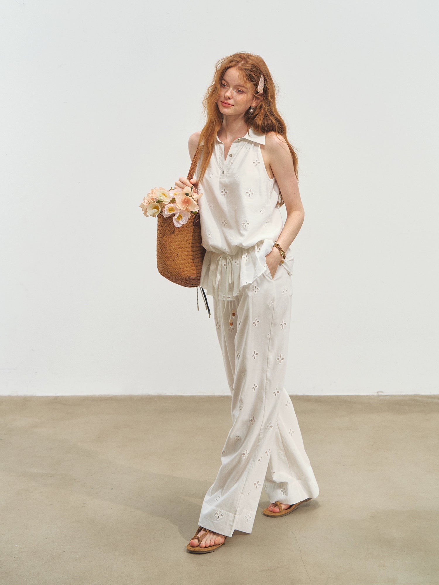 French-Style Printed Sleeveless Halter Tie-Up Top - CHINASQUAD