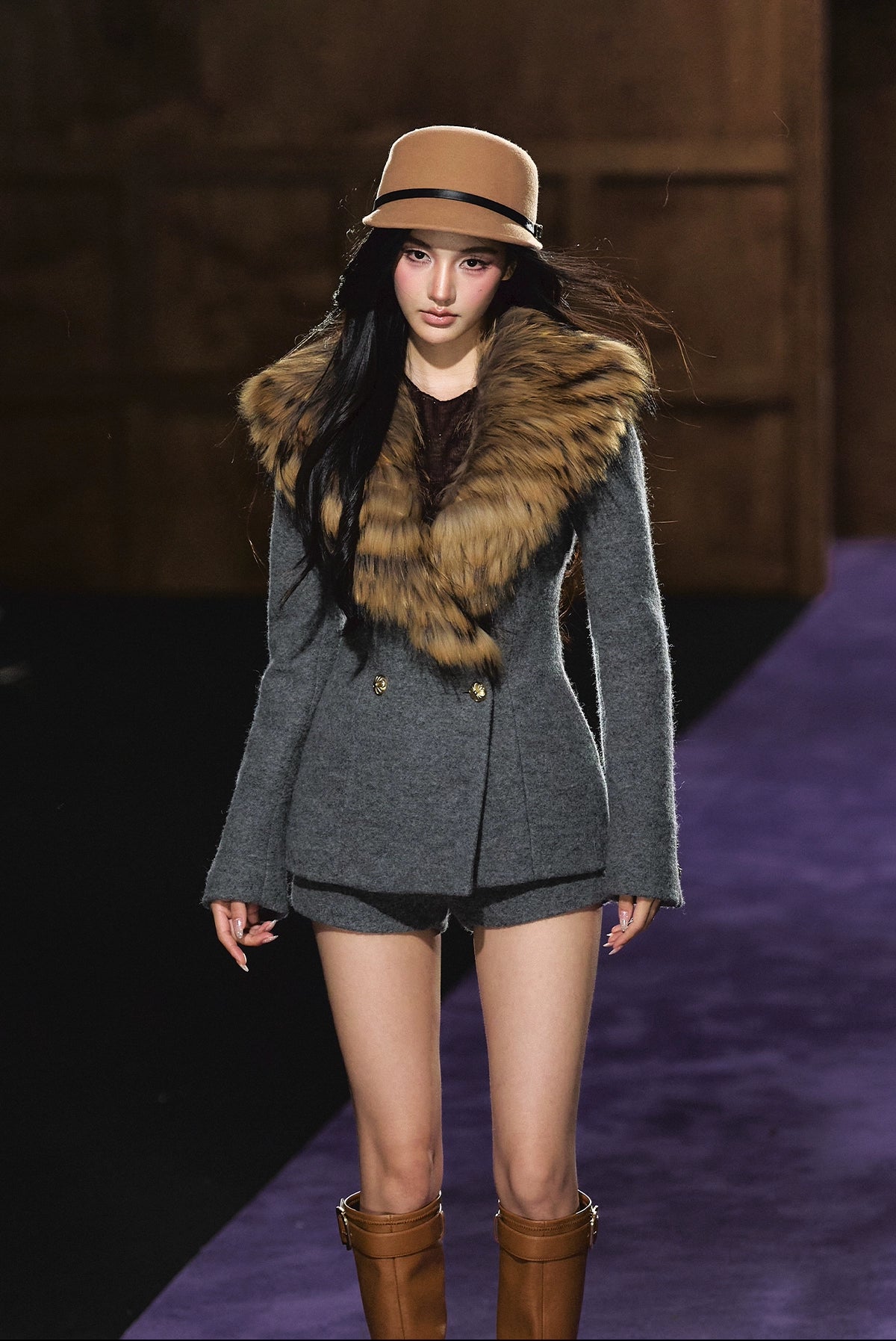 Detachable Fur Collar Wool Tailored Blazer & Shorts Set