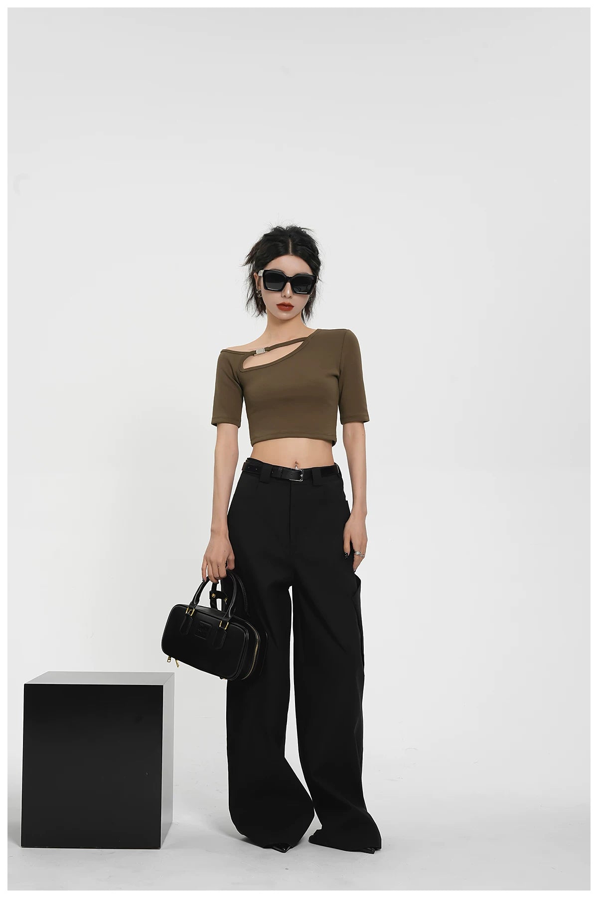 Asymmetric One-Shoulder Cropped Stretch T-Shirt
