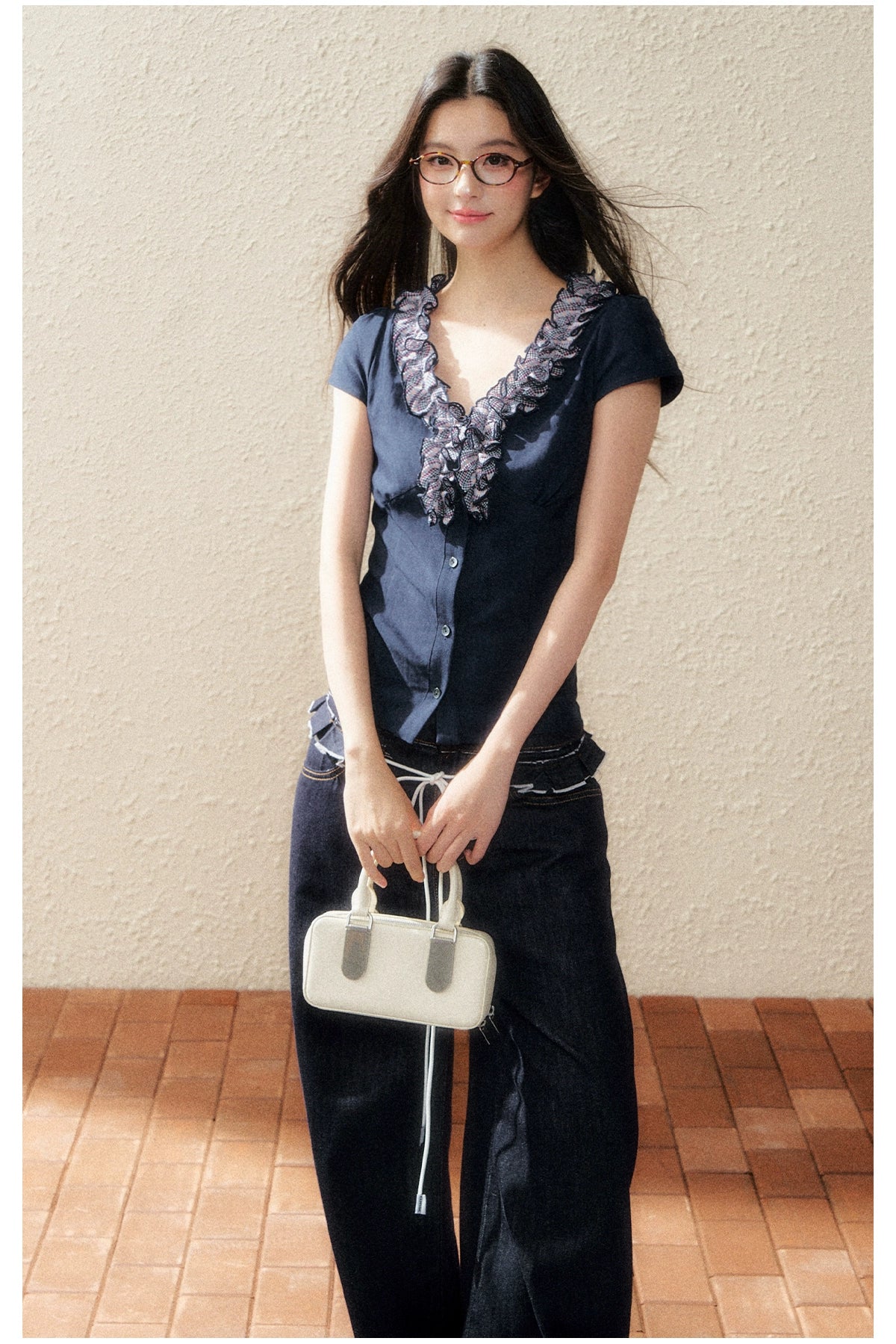 Navy Lace-Trim Knit Blouse - CHINASQUAD