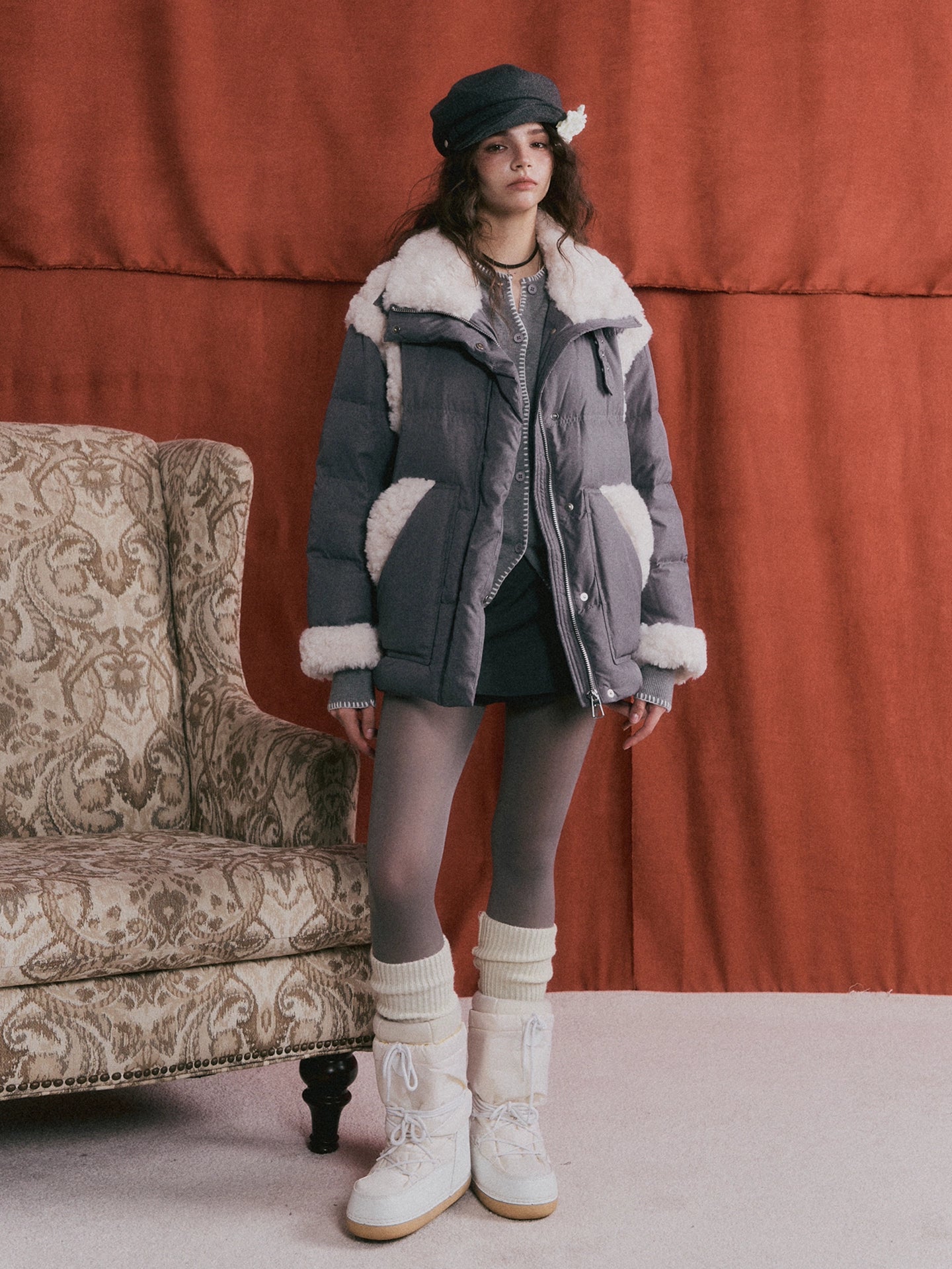 Faux Shearling Panel Down Jacket