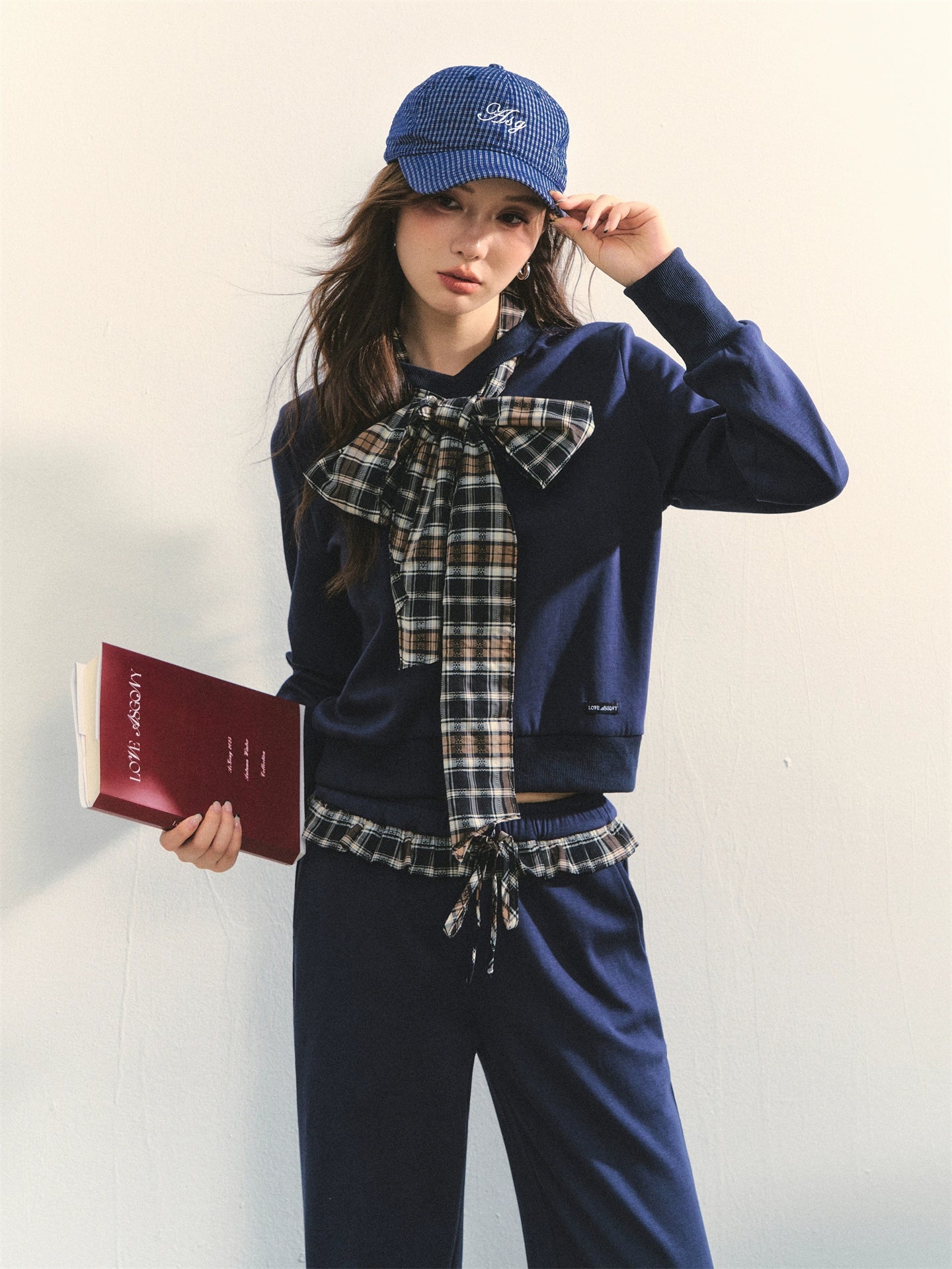 Plaid Bowknot Strappy Sweatshirt