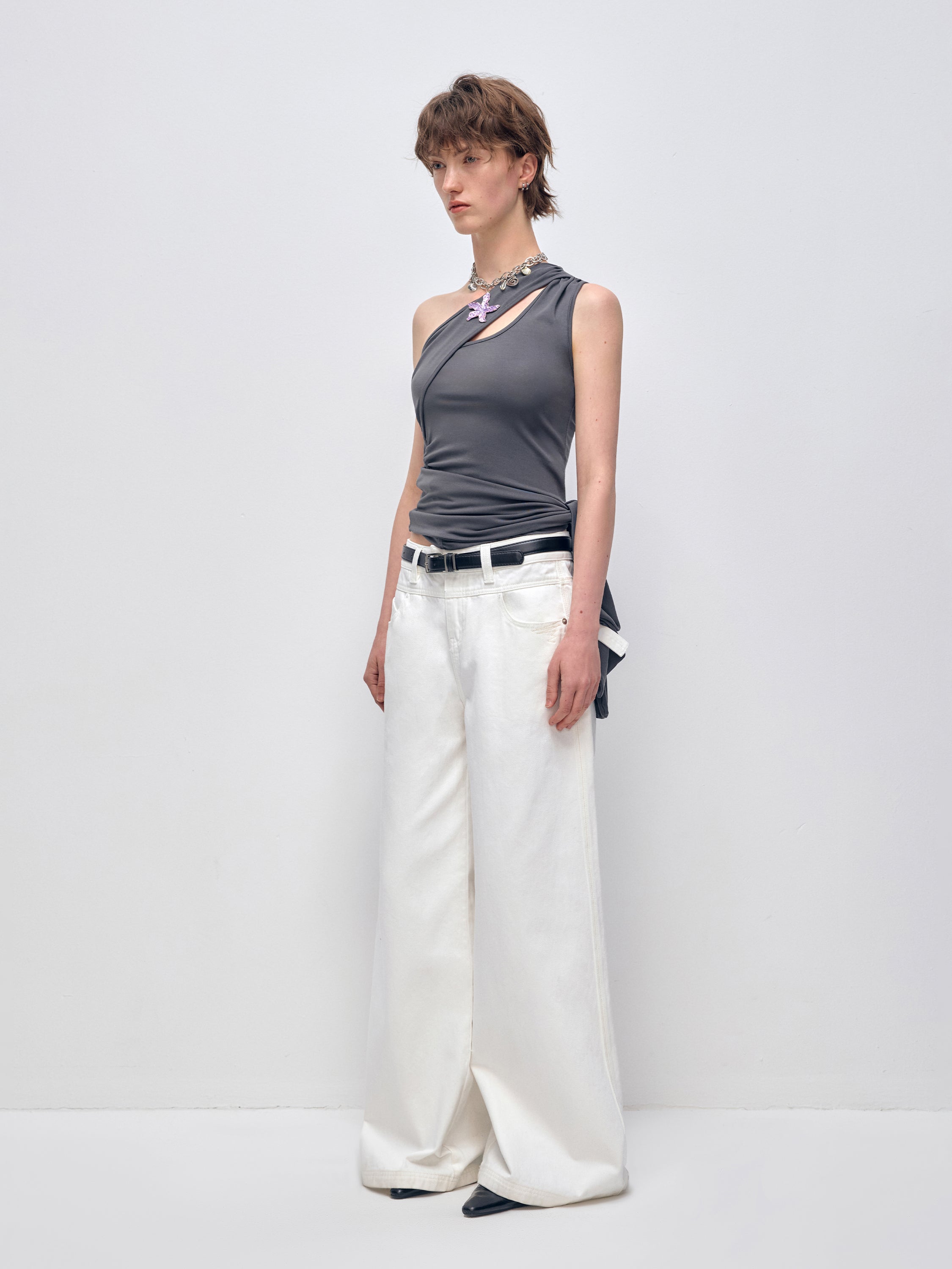 White Cotton Low Waist Wide Leg Jeans - CHINASQUAD
