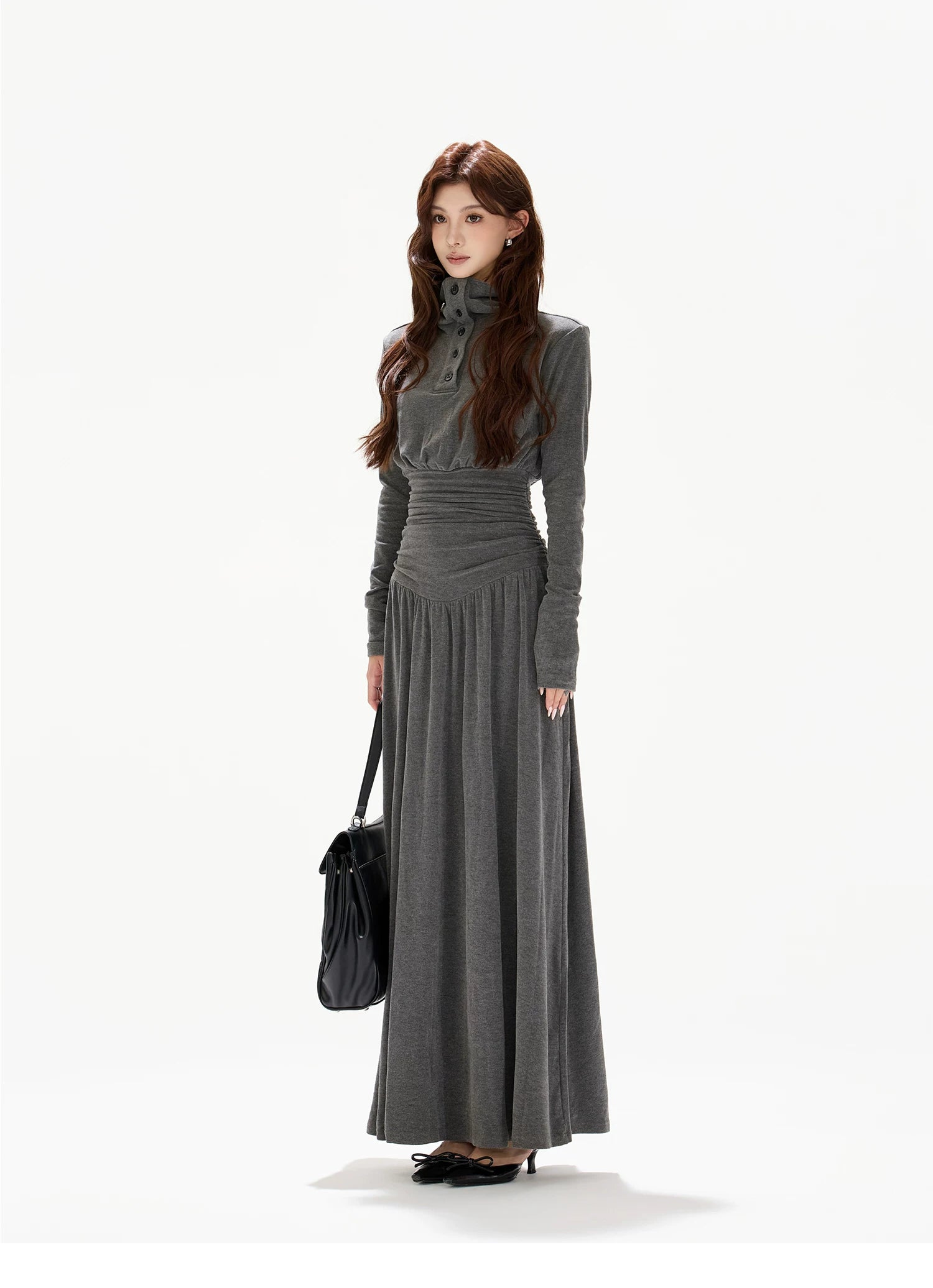 Pleated Waist-Defining A-Line Maxi Dress