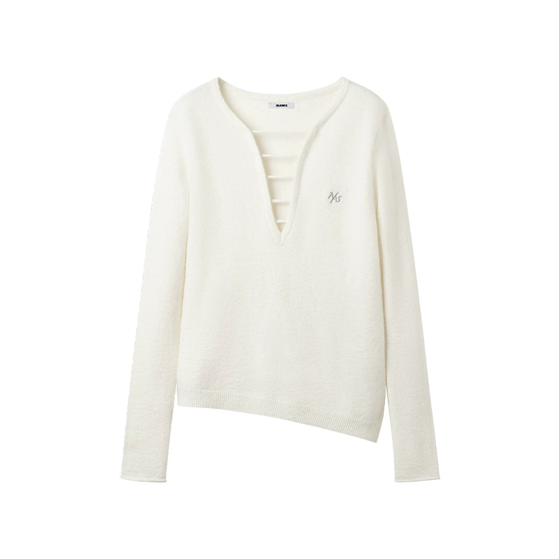 Wool Deep-V Textured Knit Sweater