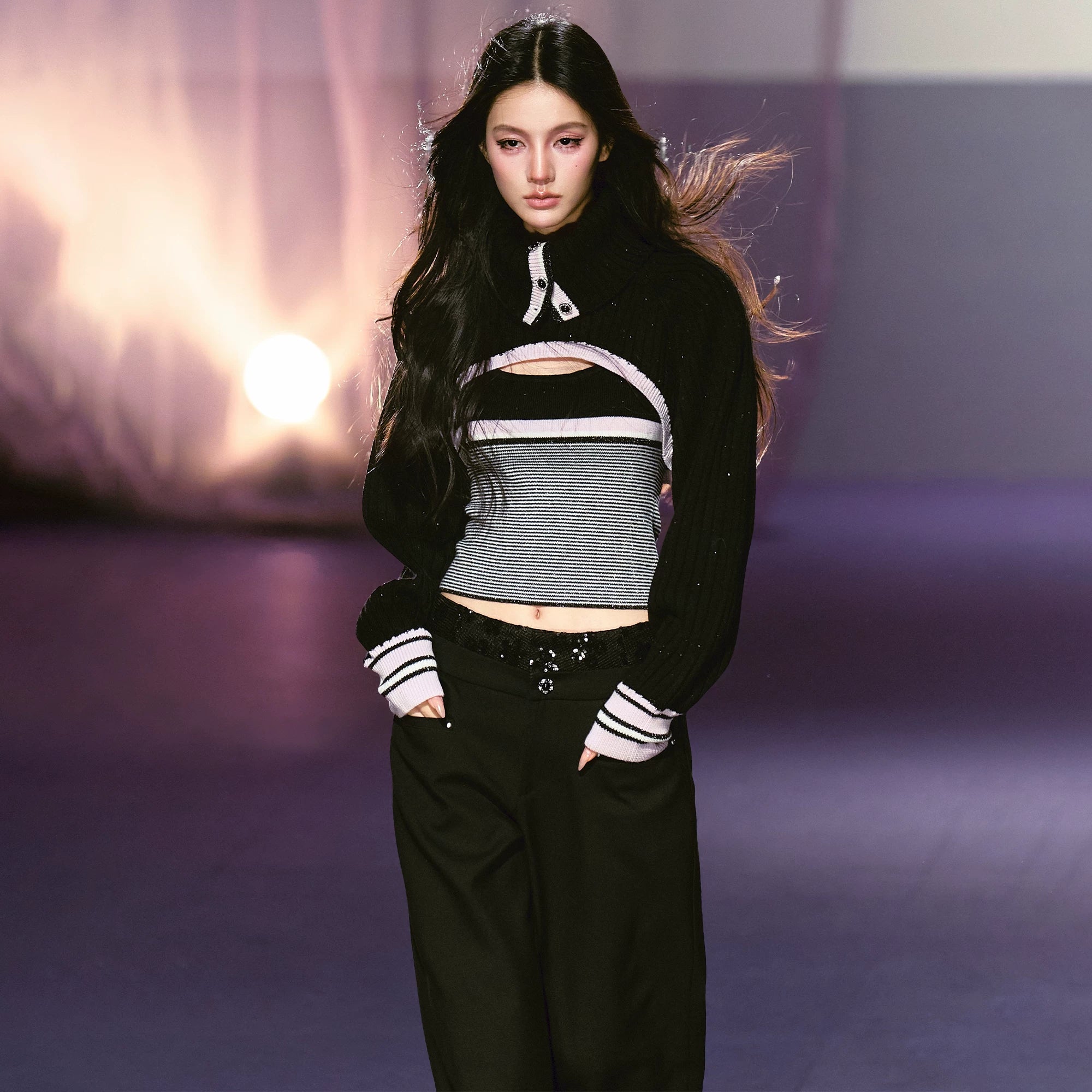 Contrast Turtleneck Layered Vest & Striped Camisole Set