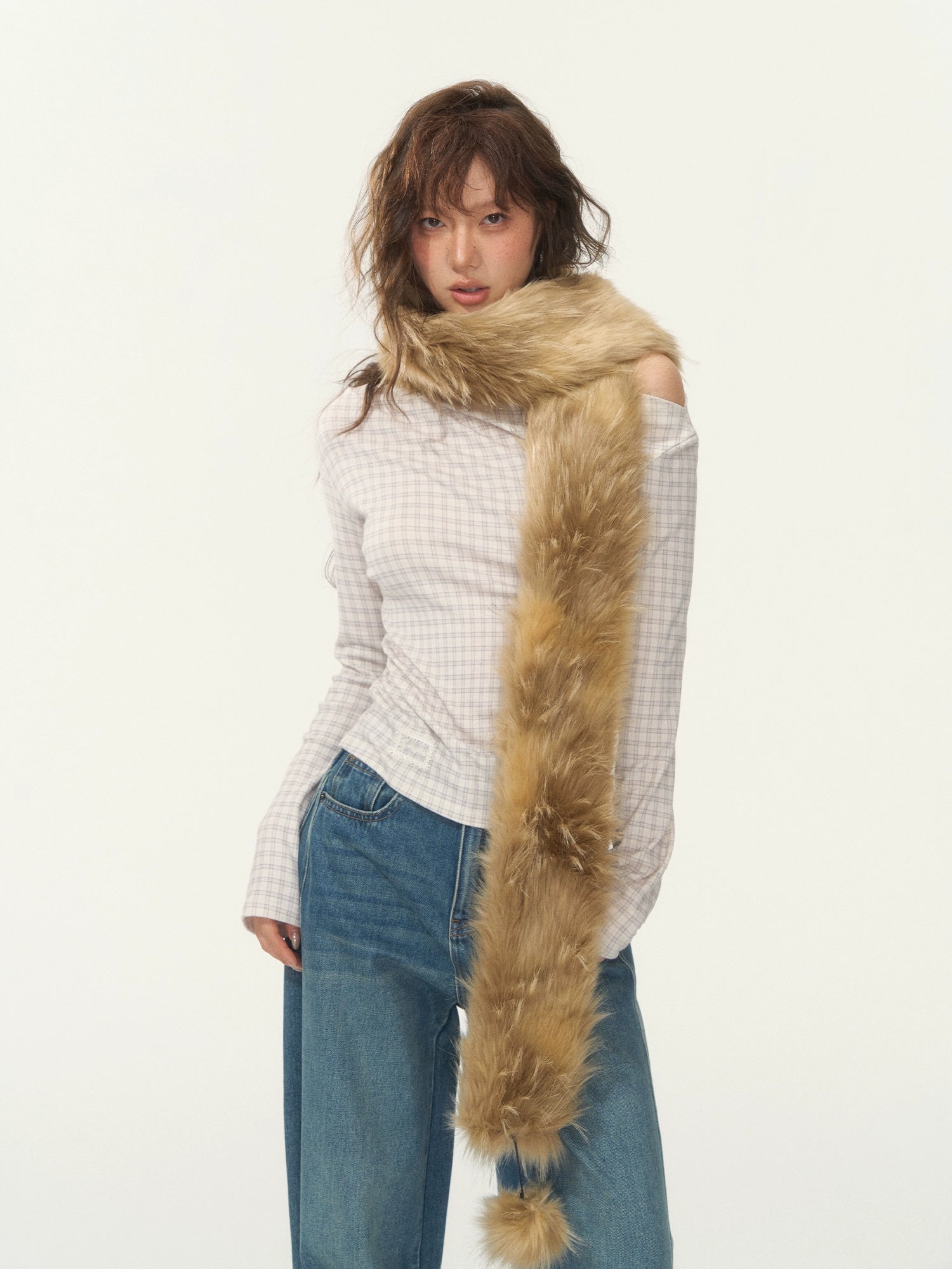 Velvet-Touch Plaid Draped Off-Shoulder Long Sleeve T-Shirts - CHINASQUAD