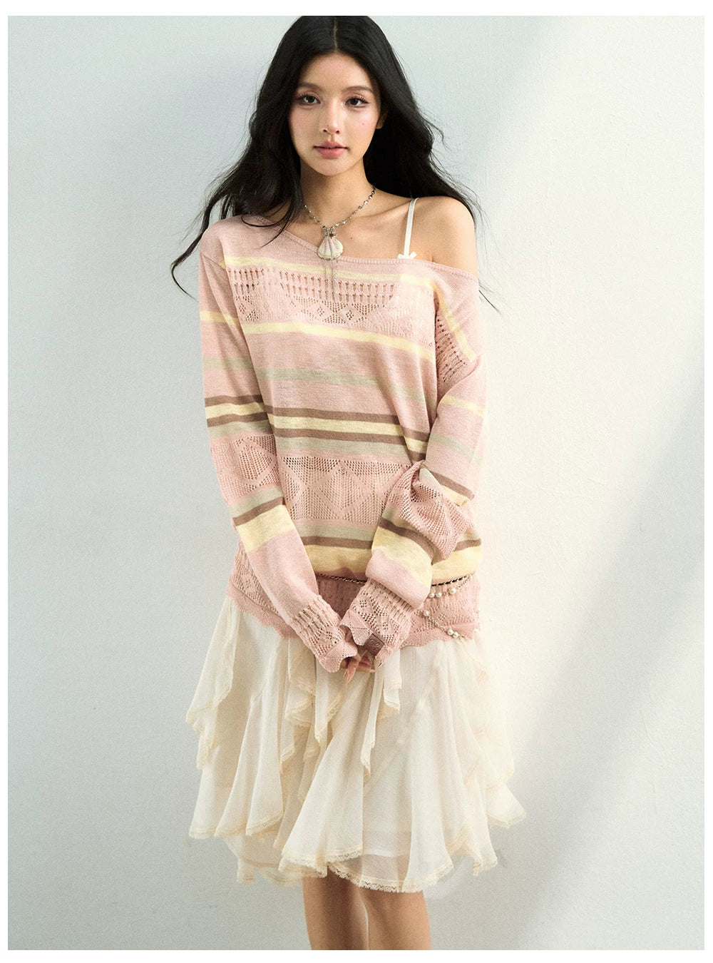 Color-Block Open Knit Stripe Blouse