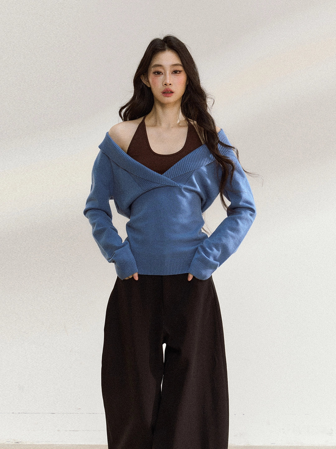 Blue Off-Shoulder Knit Sweater Cardigan - CHINASQUAD