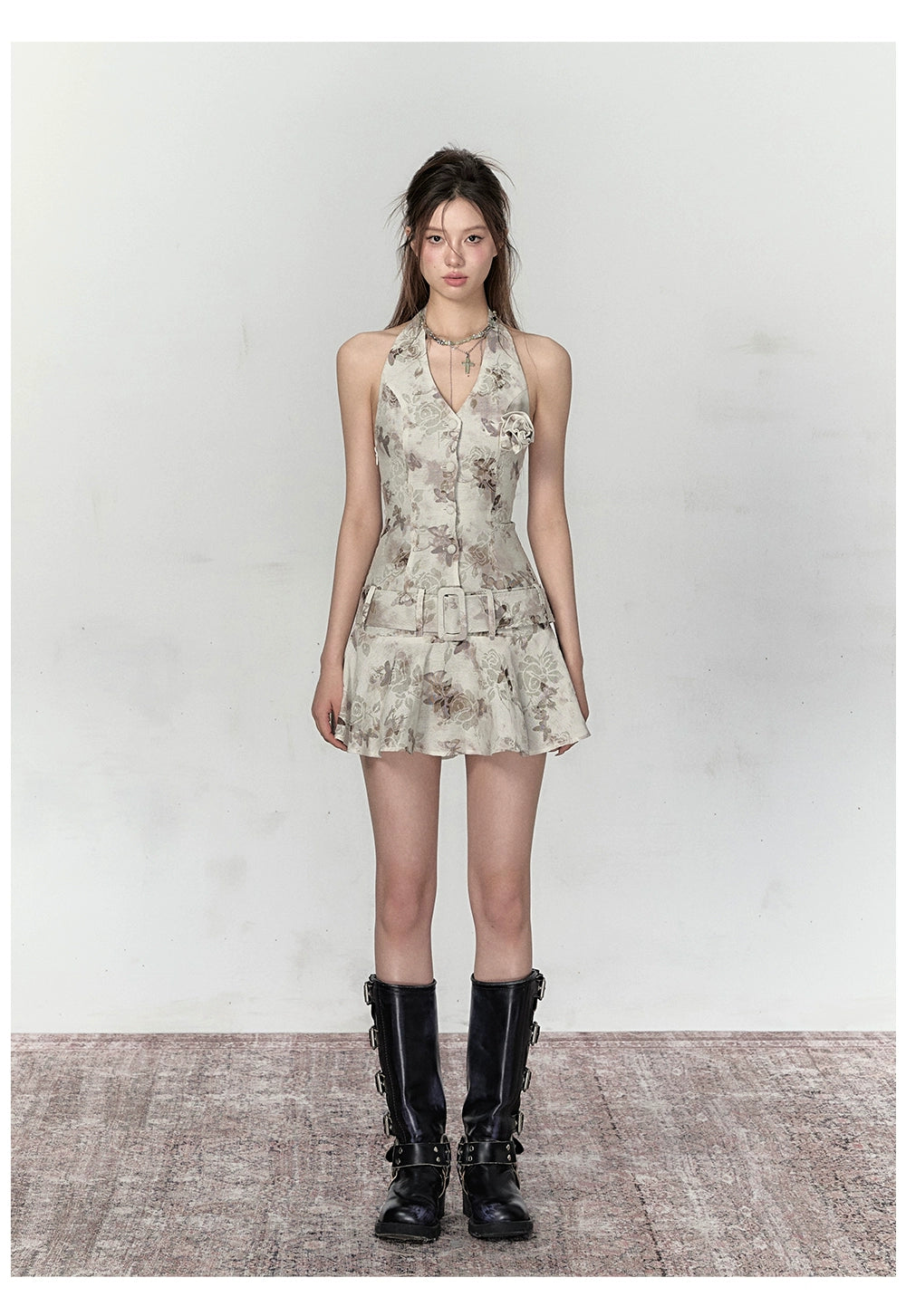 Apricot & Light Green Printed Halter Dress - CHINASQUAD