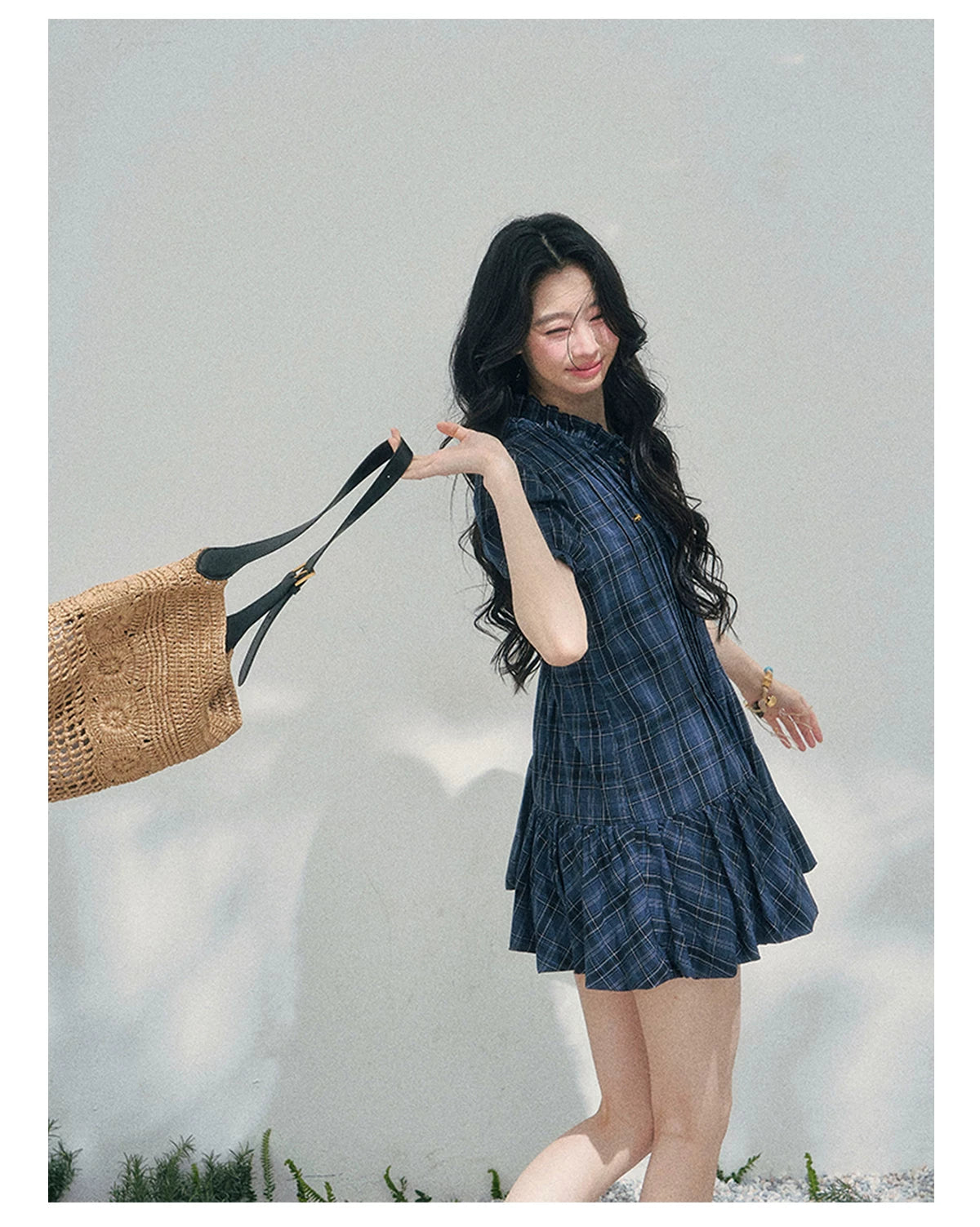 French Plaid Puff Sleeve Mini Dress