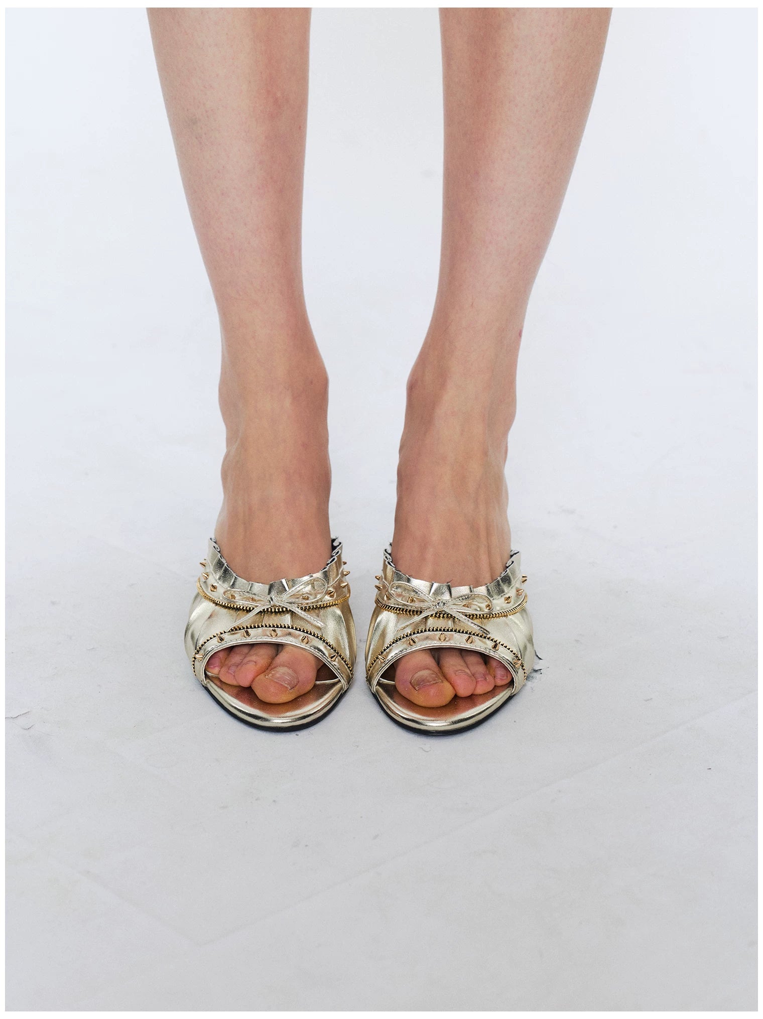 Studded Bow Peep-Toe Stiletto Sandals