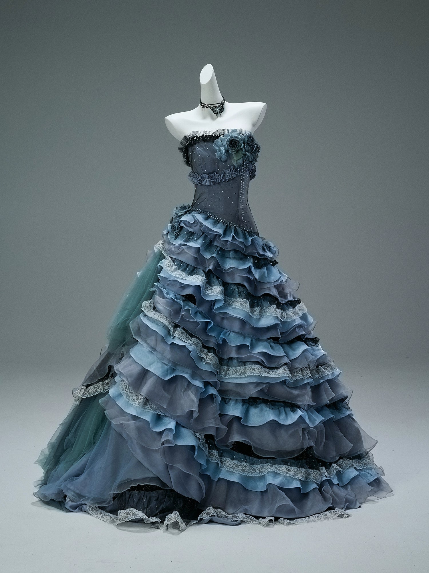 Nightscape Ruffled Tulle Gown with Floral Embellishments